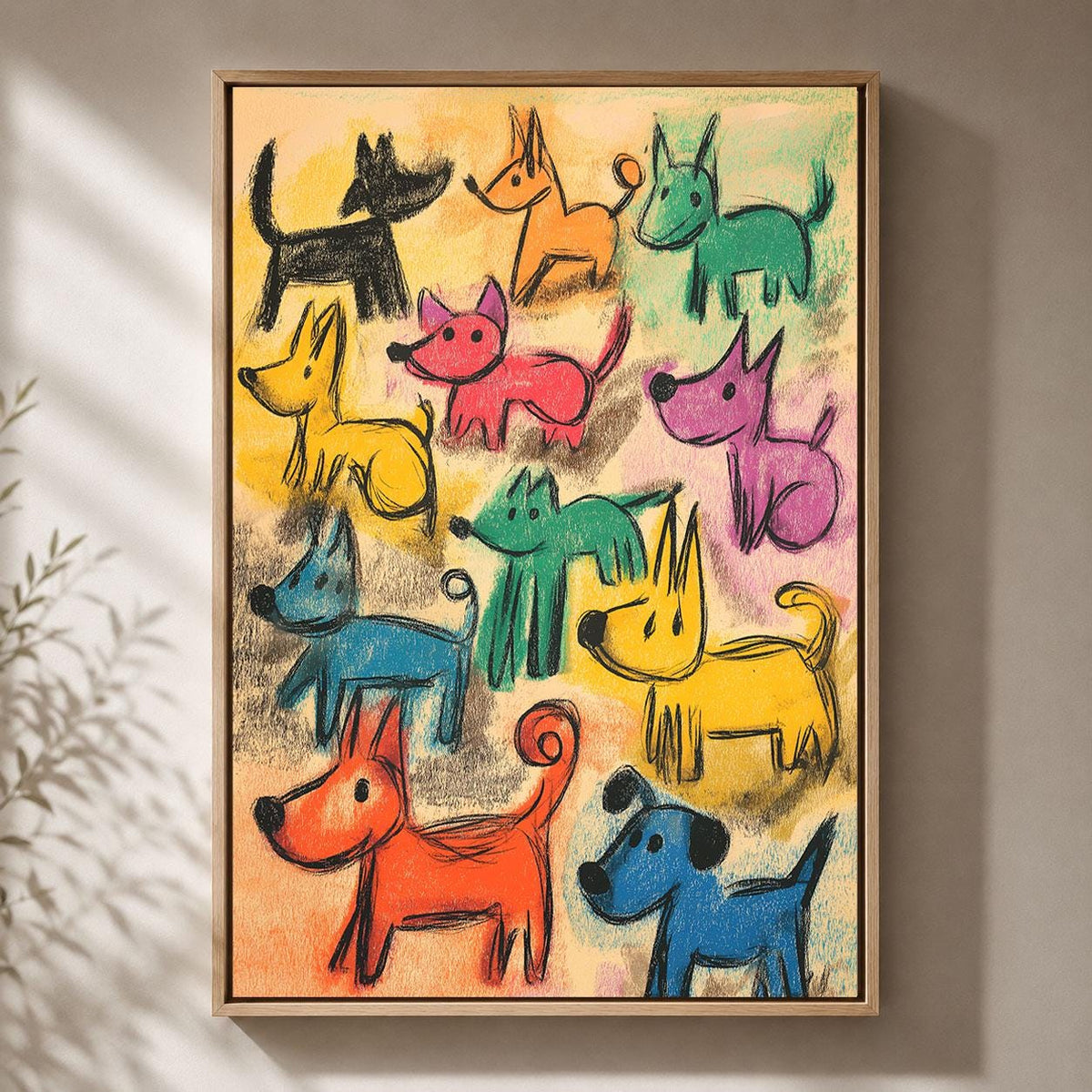 Colourful Dog Crayon Effect Nursery Playful Puppy Framed Canvas
