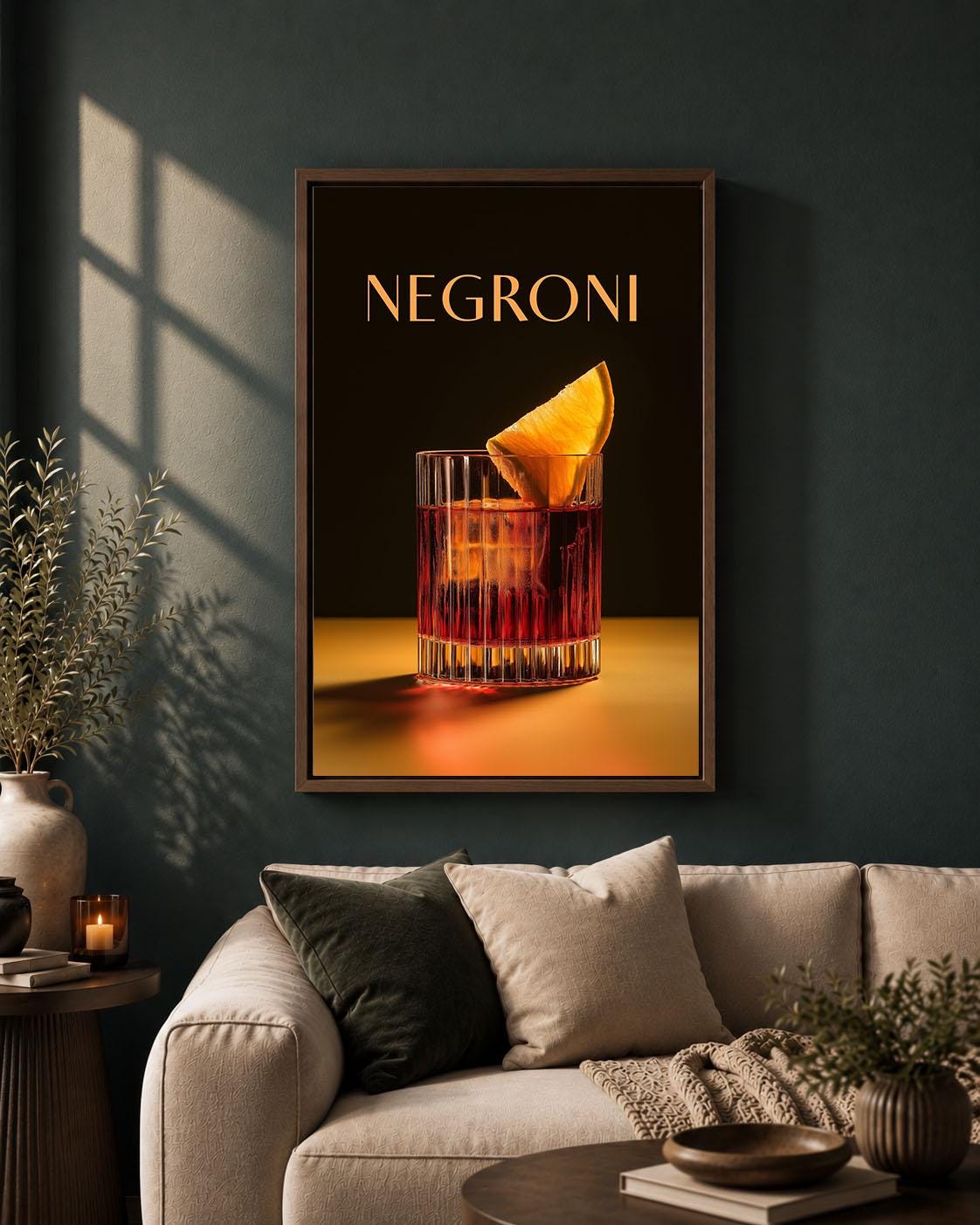 Negroni Cocktail Black and Orange Framed Canvas