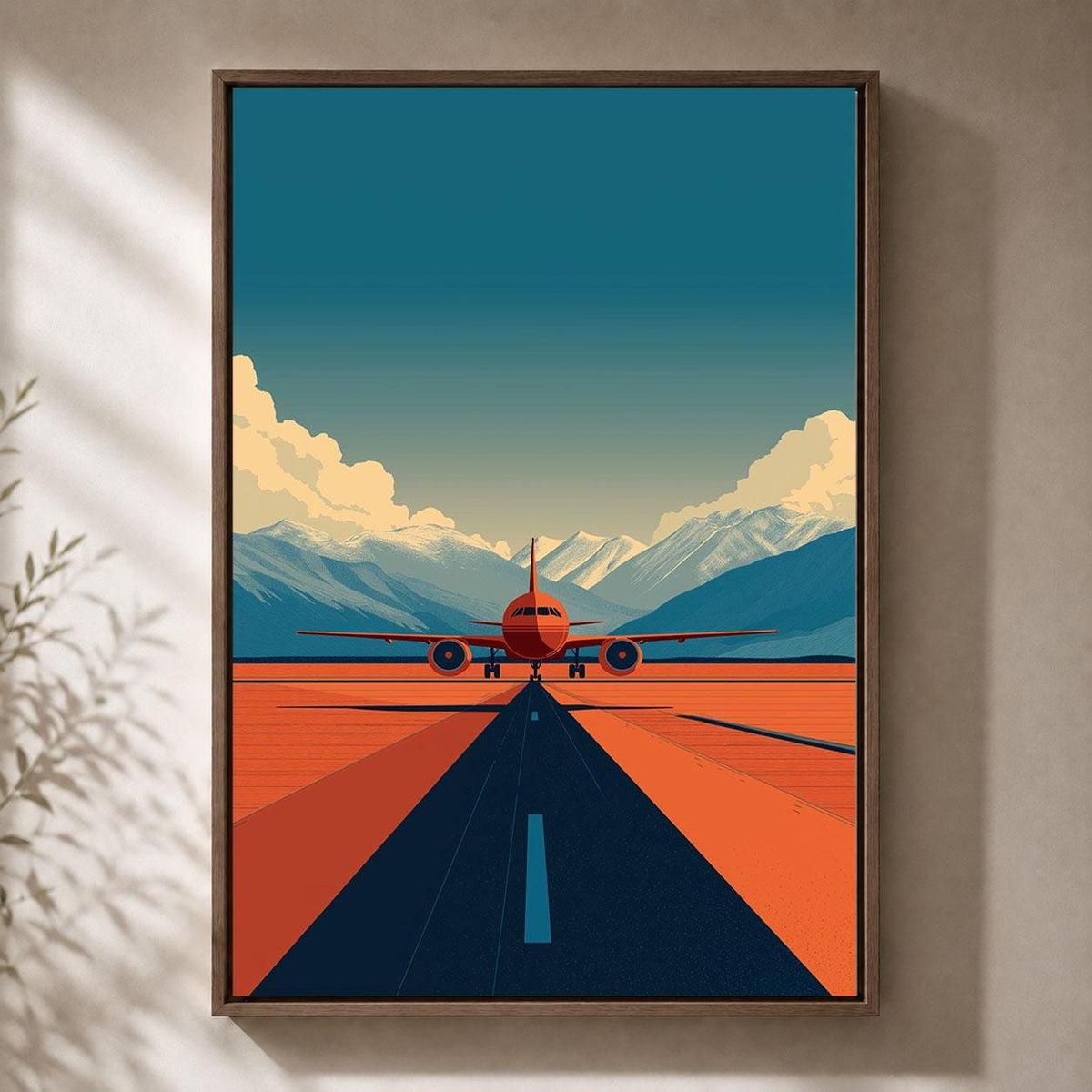 Aeroplane Retro Aviation Orange Passenger Plane Runway Framed Canvas