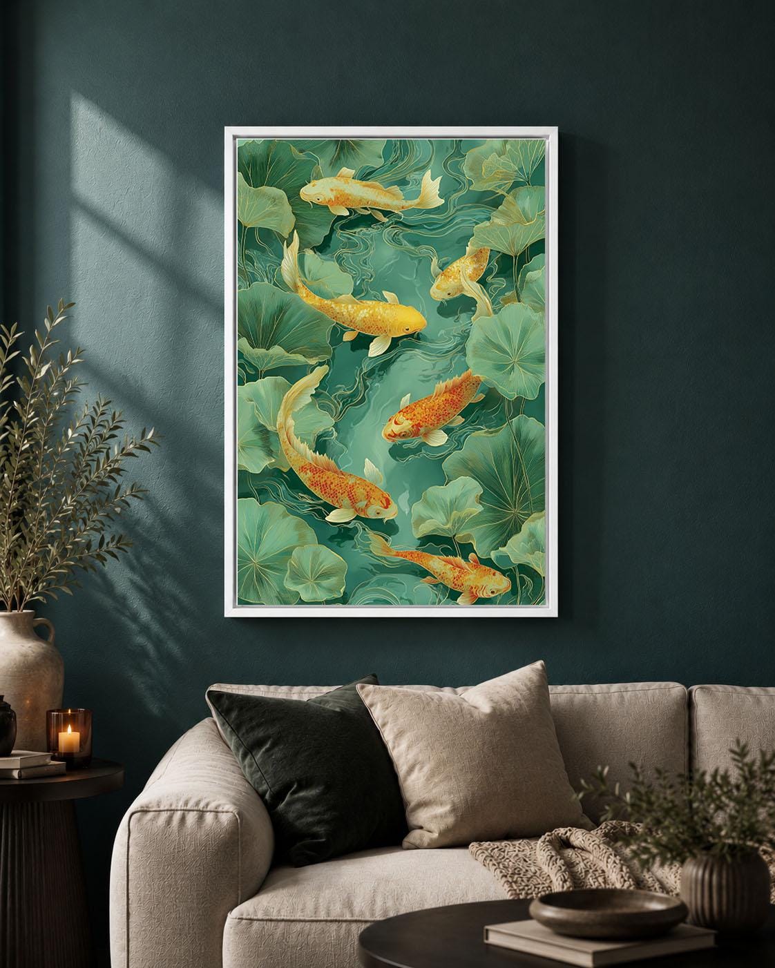 Koi Fish Green and Gold Chinoiserie Oriental Lotus Pond Framed Canvas