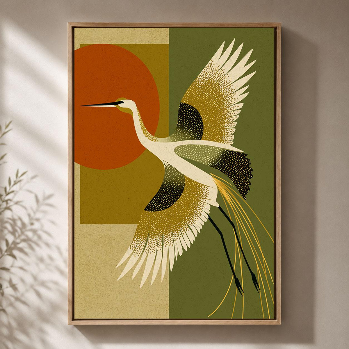 Art Deco Crane Mid Century Modern Olive Green and Burnt Orange Framed Canvas
