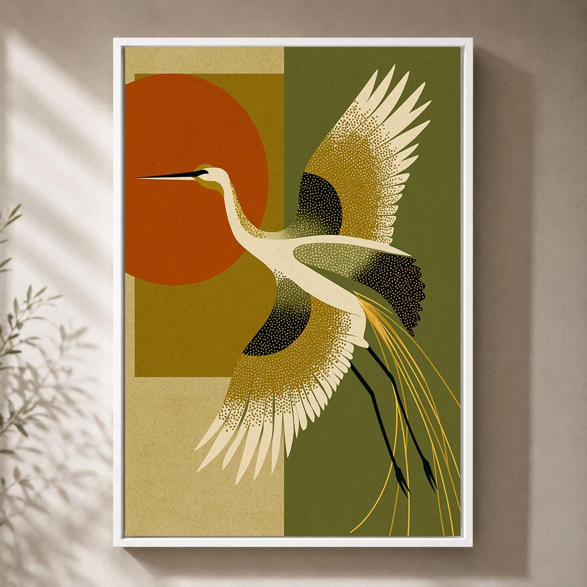 Art Deco Crane Mid Century Modern Olive Green and Burnt Orange Framed Canvas