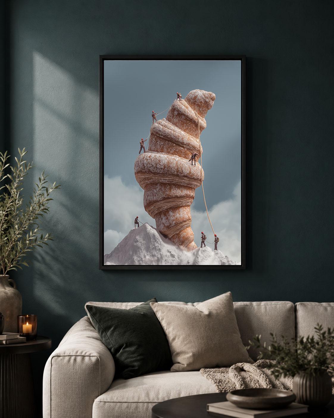 Surreal Croissant Whimsical Mountain Climbing Framed Canvas
