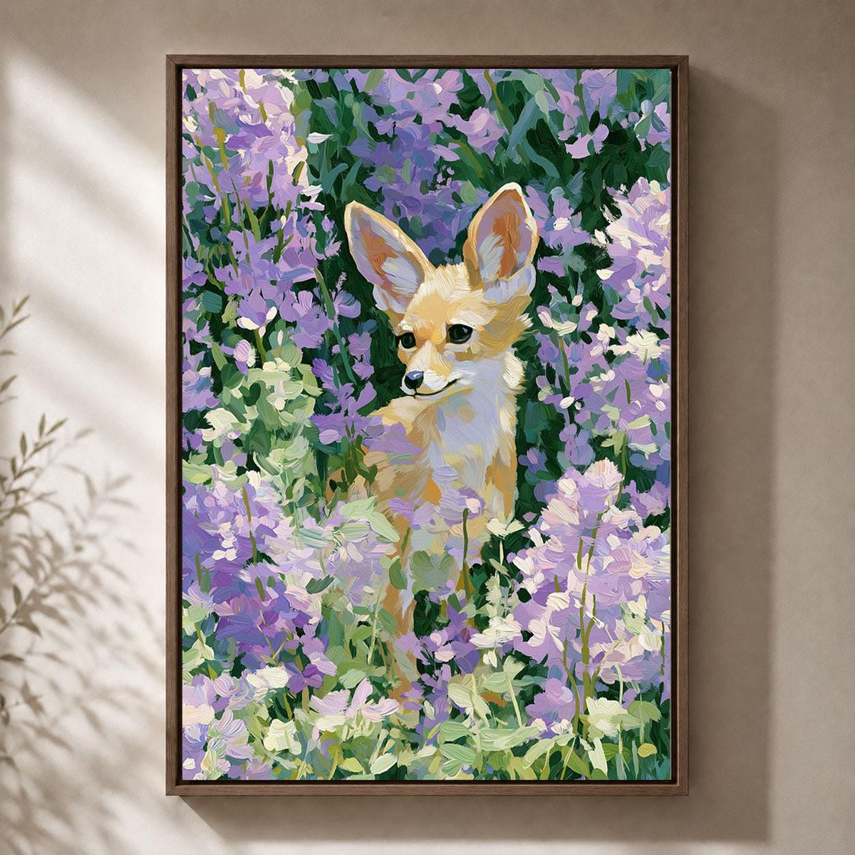 Cute Fox Woodland Animal in Purple Flowers Whimsical Floral Framed Canvas