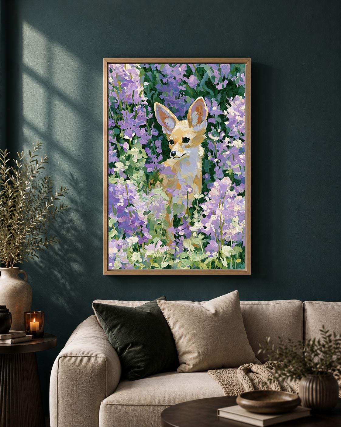 Cute Fox Woodland Animal in Purple Flowers Whimsical Floral Framed Canvas