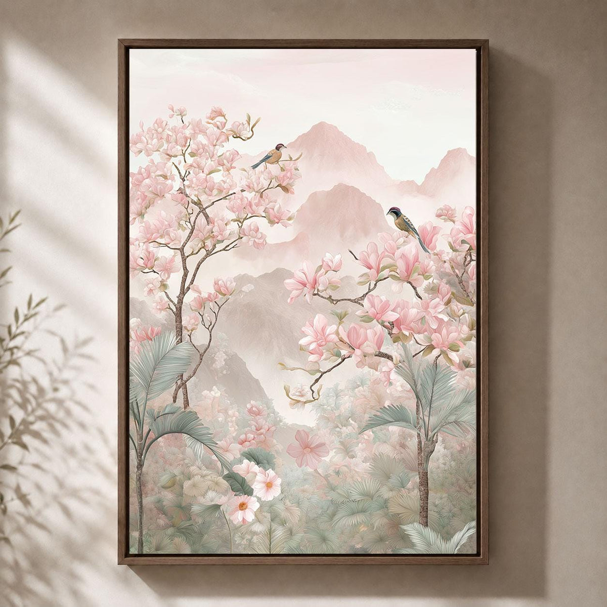Chinoiserie Landscape Pink Magnolia Bird Pastel Mountain Framed Canvas