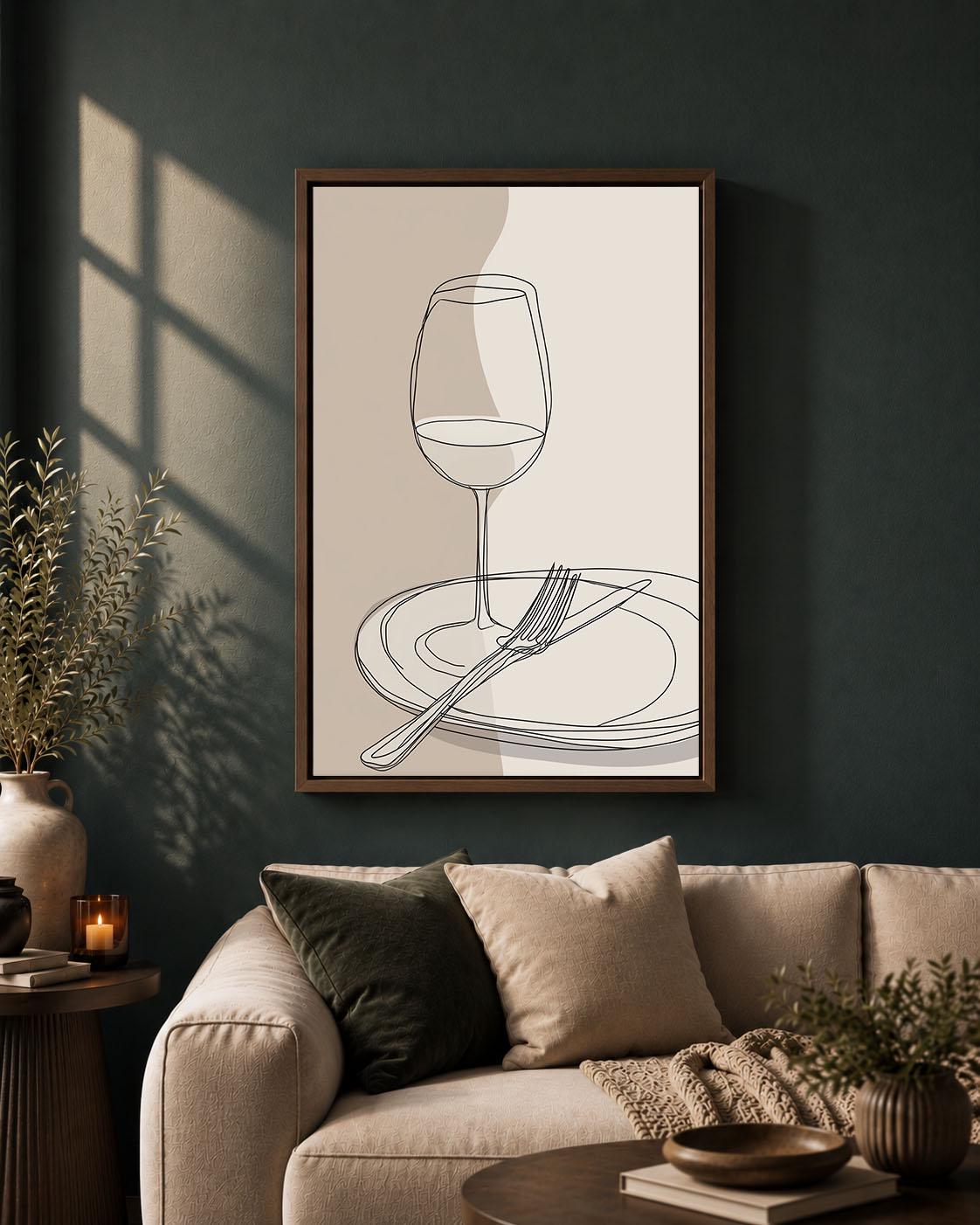 Wine Glass Minimalist Dining Room Neutral Kitchen Line Art Framed Canvas
