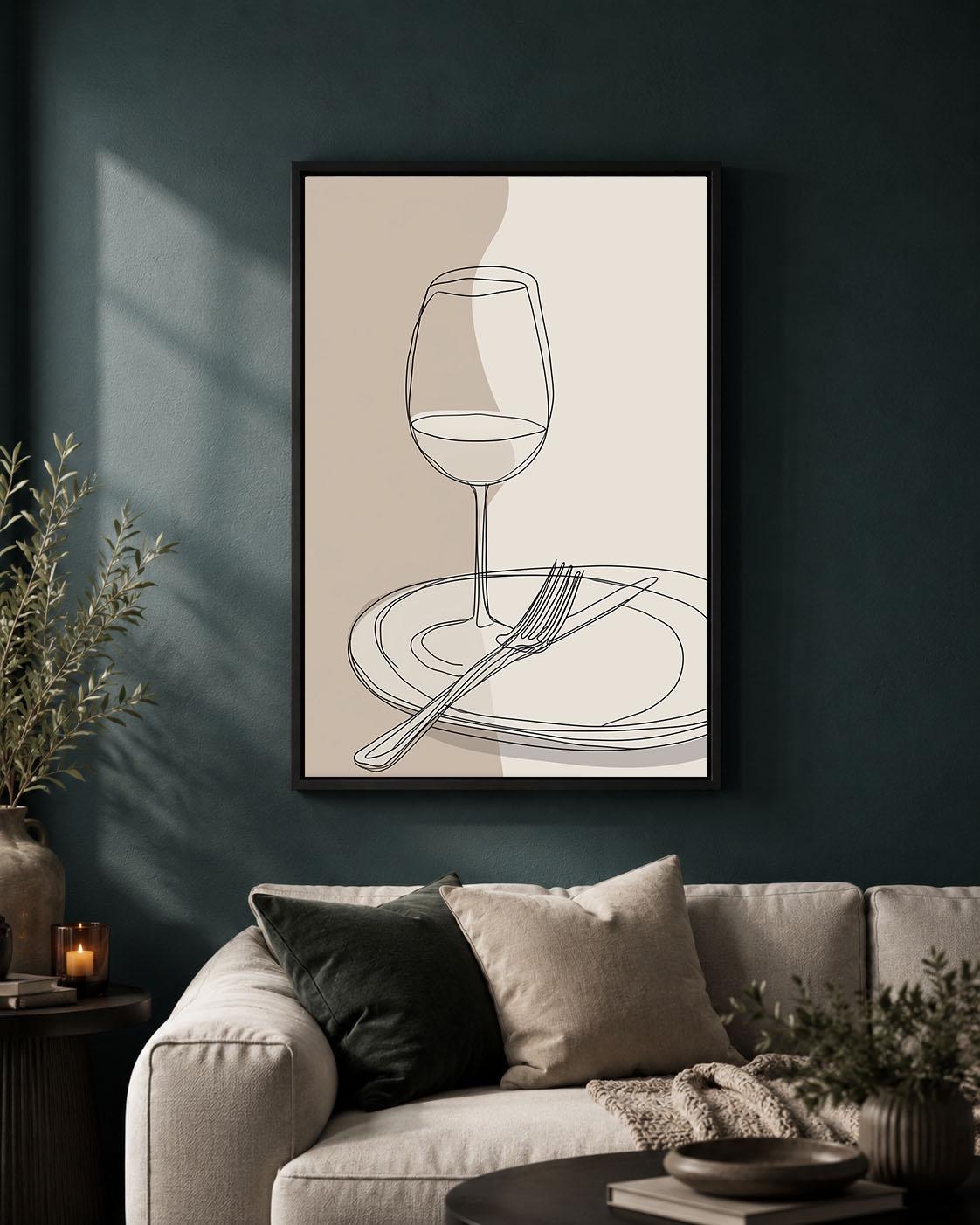 Wine Glass Minimalist Dining Room Neutral Kitchen Line Art Framed Canvas