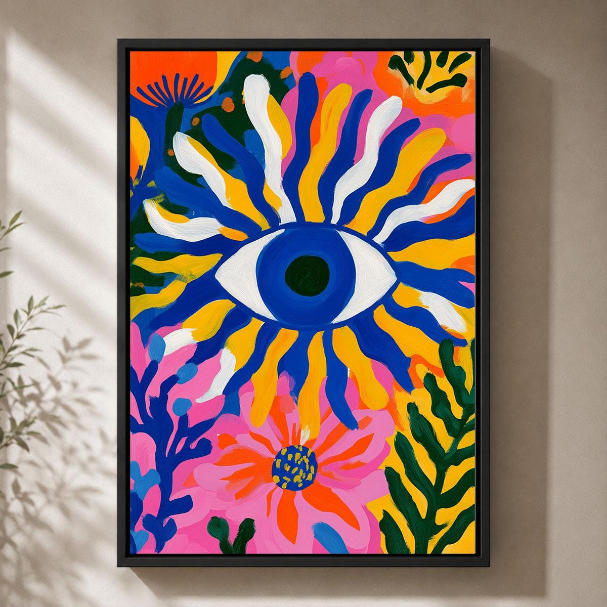 Evil Eye Colourful Maximalist Floral Abstract Protective Eye Framed Canvas