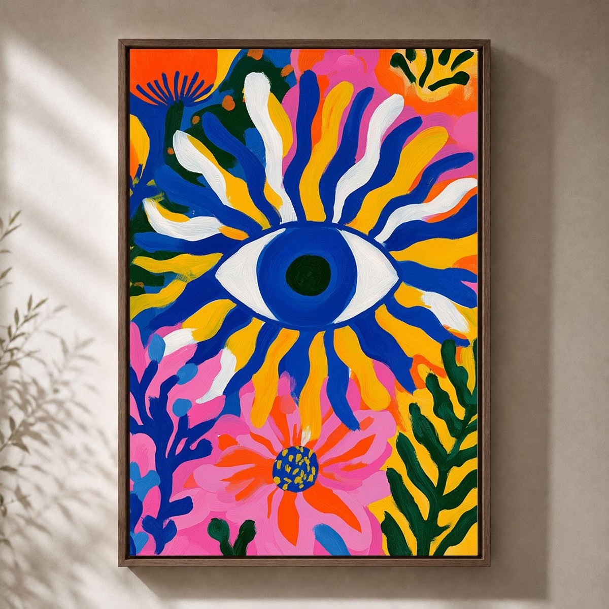 Evil Eye Colourful Maximalist Floral Abstract Protective Eye Framed Canvas