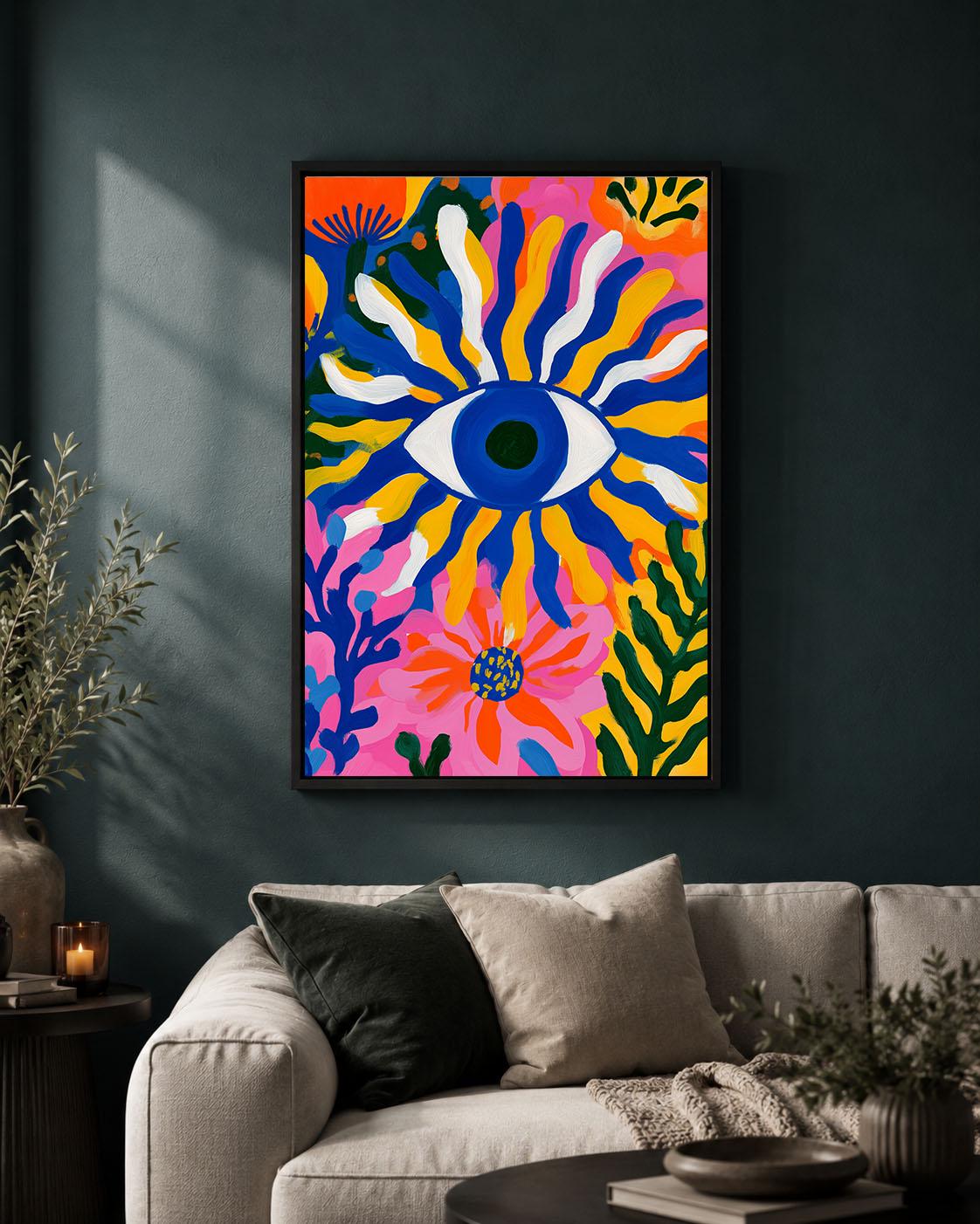 Evil Eye Colourful Maximalist Floral Abstract Protective Eye Framed Canvas