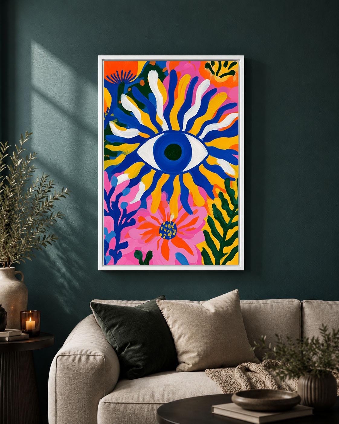 Evil Eye Colourful Maximalist Floral Abstract Protective Eye Framed Canvas