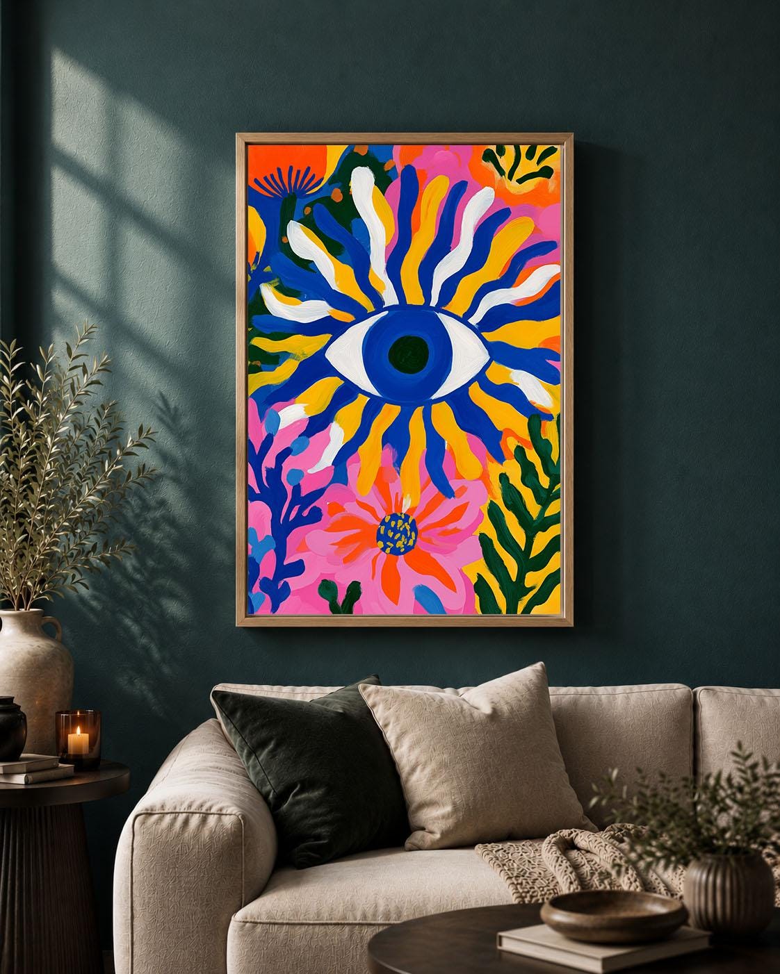 Evil Eye Colourful Maximalist Floral Abstract Protective Eye Framed Canvas
