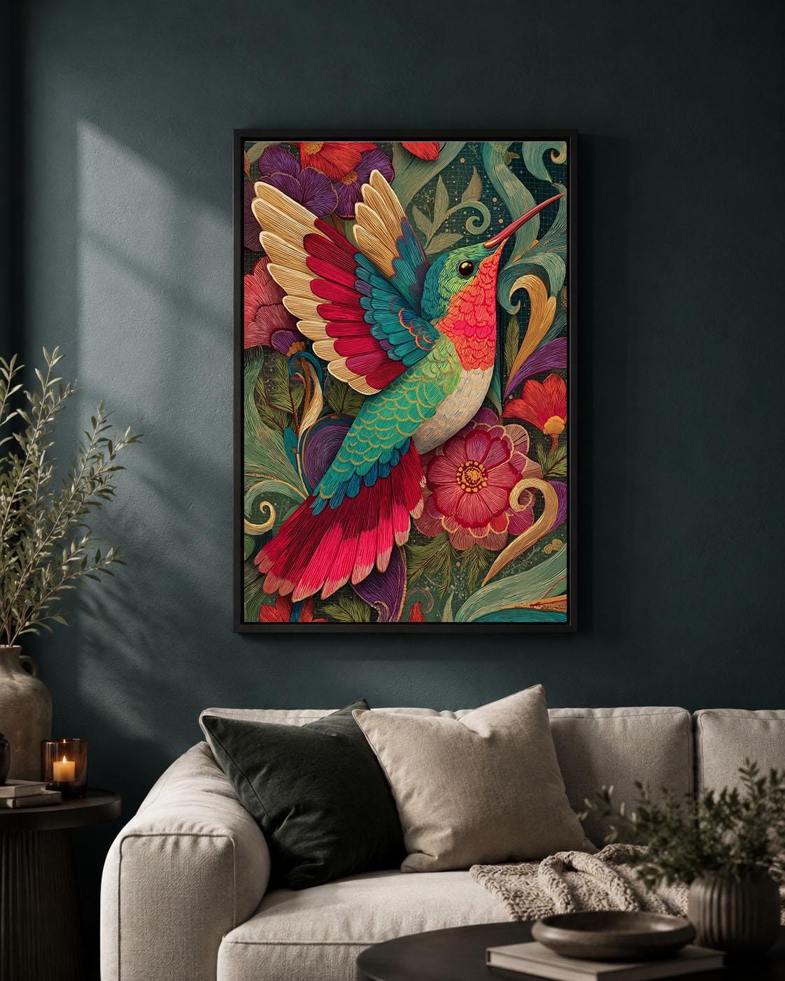 Hummingbird Colourful Floral Maximalist Folk Art Tropical Framed Canvas