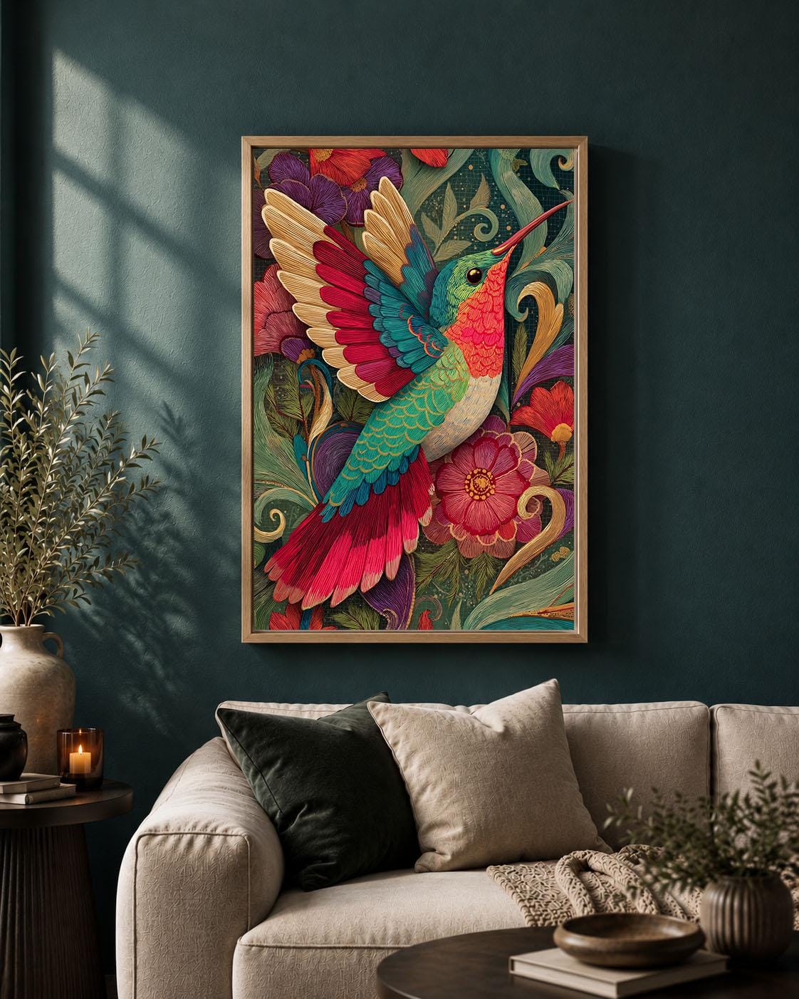 Hummingbird Colourful Floral Maximalist Folk Art Tropical Framed Canvas