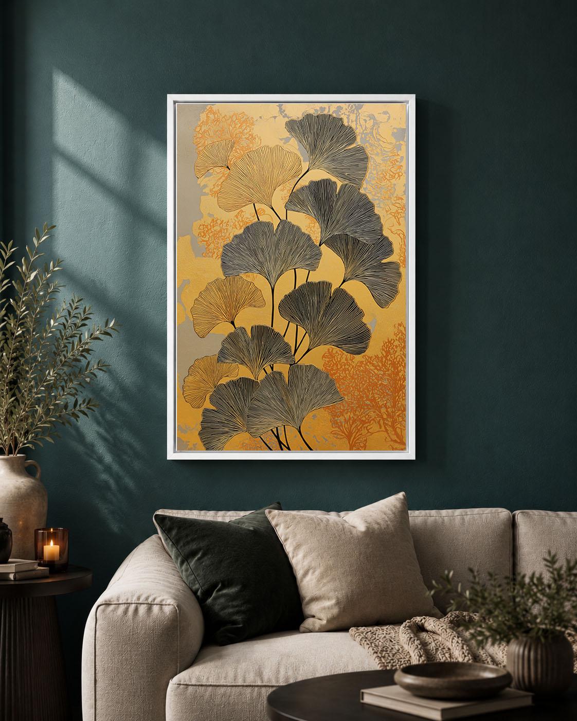 Ginkgo Leaf Gold Black Botanical Framed Canvas