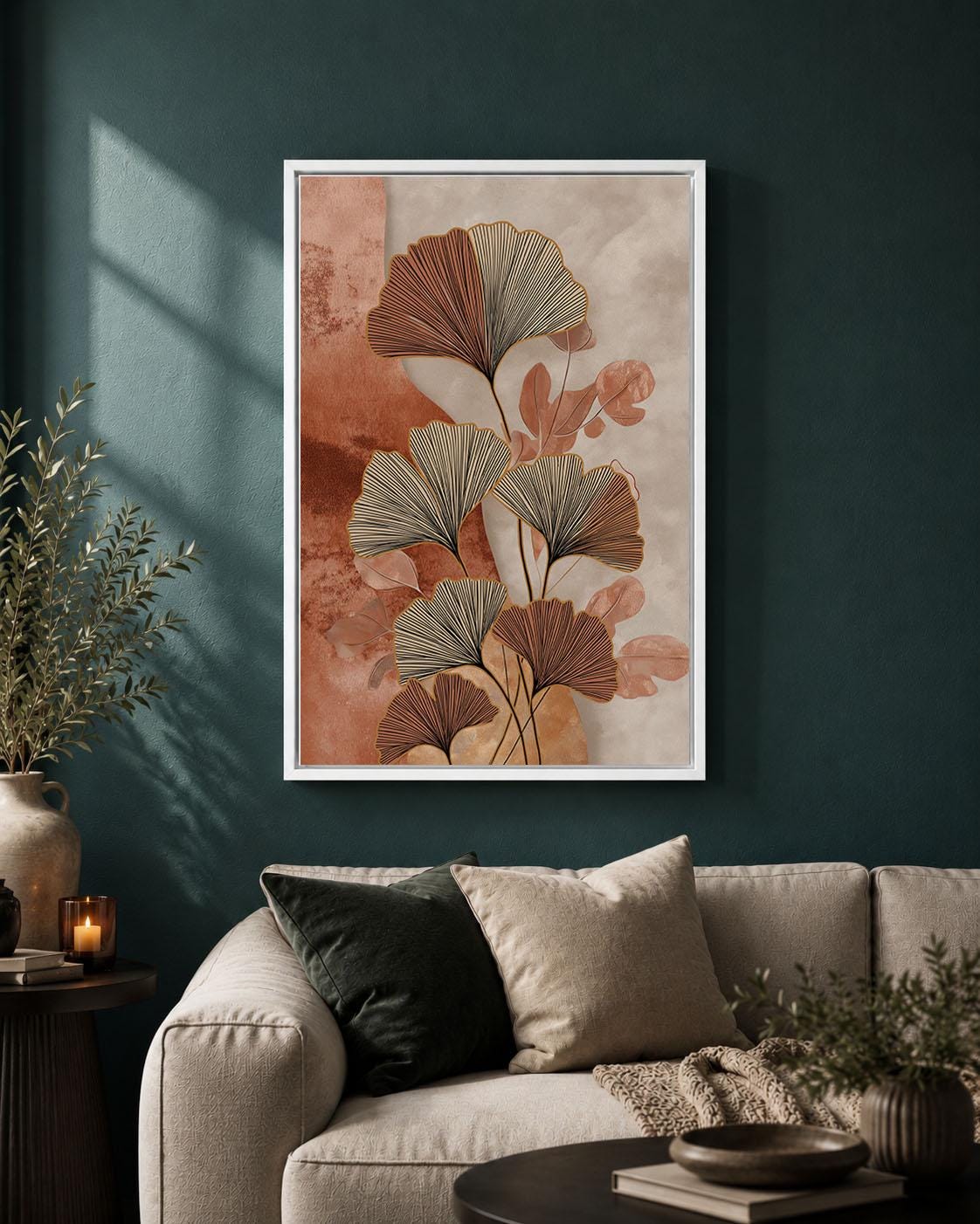 Ginkgo Leaf Terracotta & Beige Modern Boho Framed Canvas