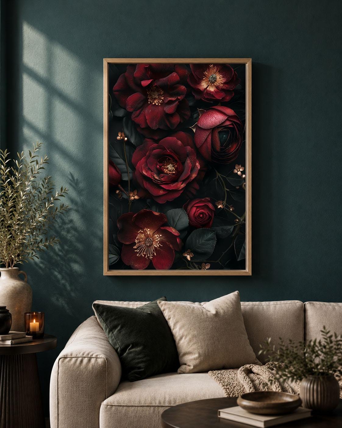 Dark Floral Burgundy Rose Gothic Moody Botanical Dark Academia Framed Canvas