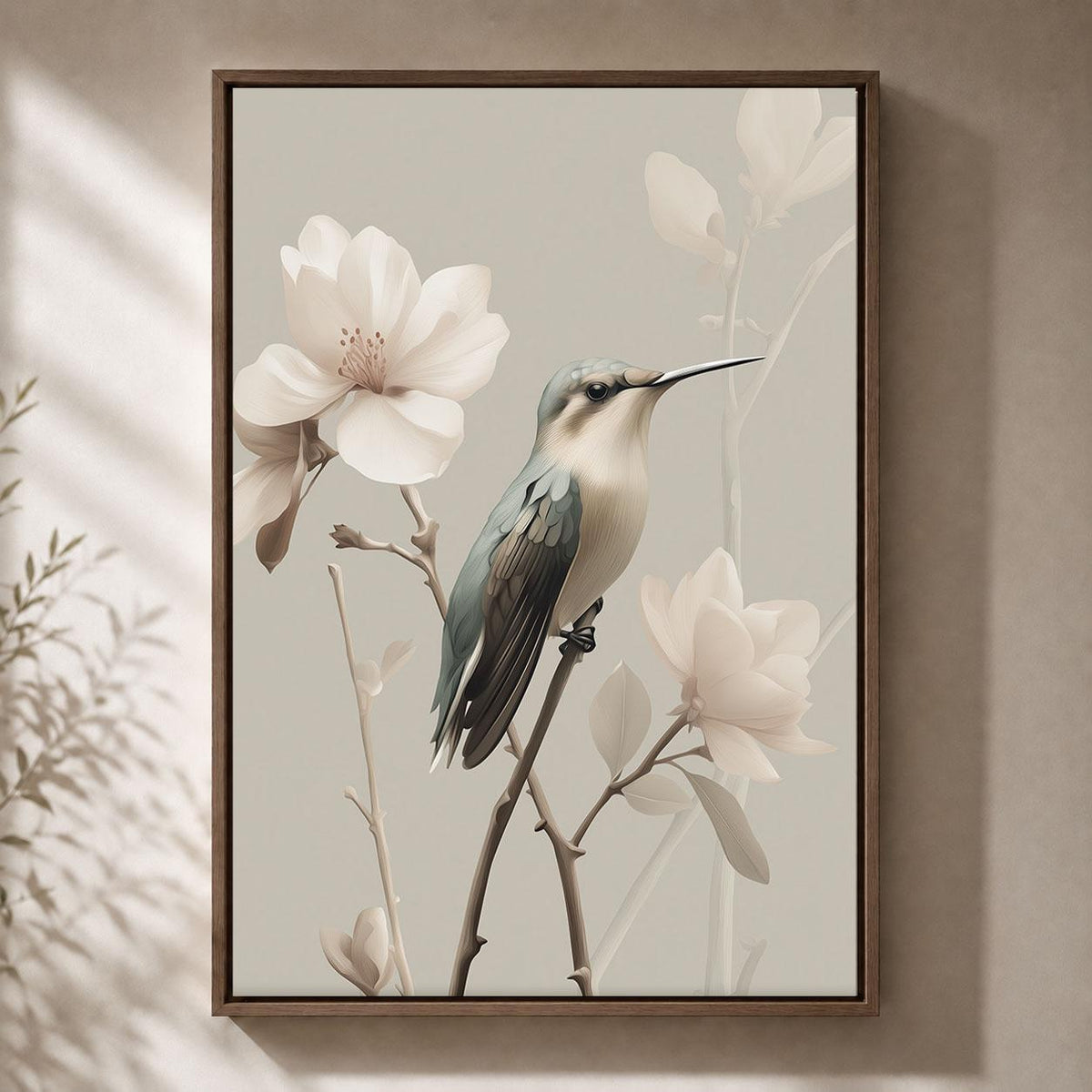 Hummingbird Neutral Floral Elegant Botanical Magnolia Framed Canvas