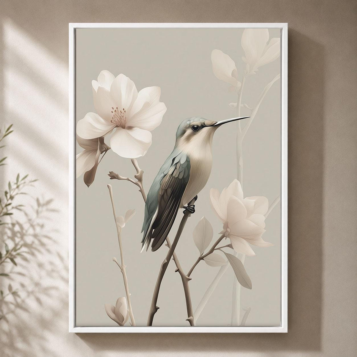 Hummingbird Neutral Floral Elegant Botanical Magnolia Framed Canvas