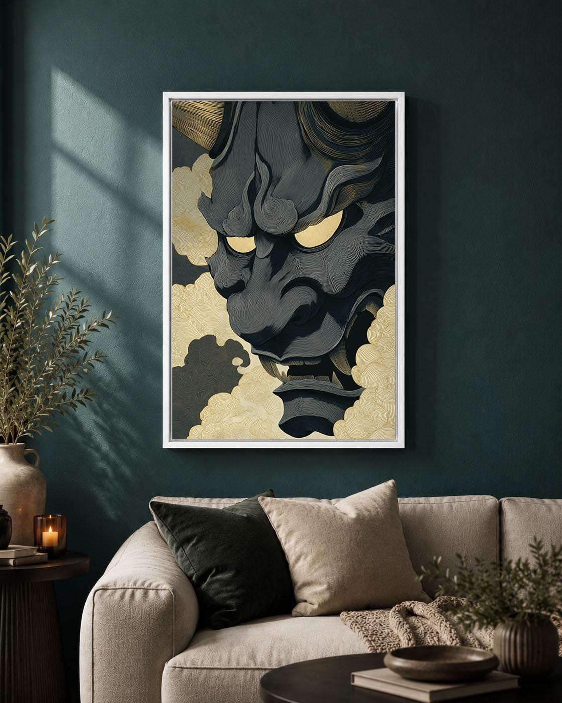 Japanese Oni Mask Black & Gold Demon Gothic Folklore Framed Canvas