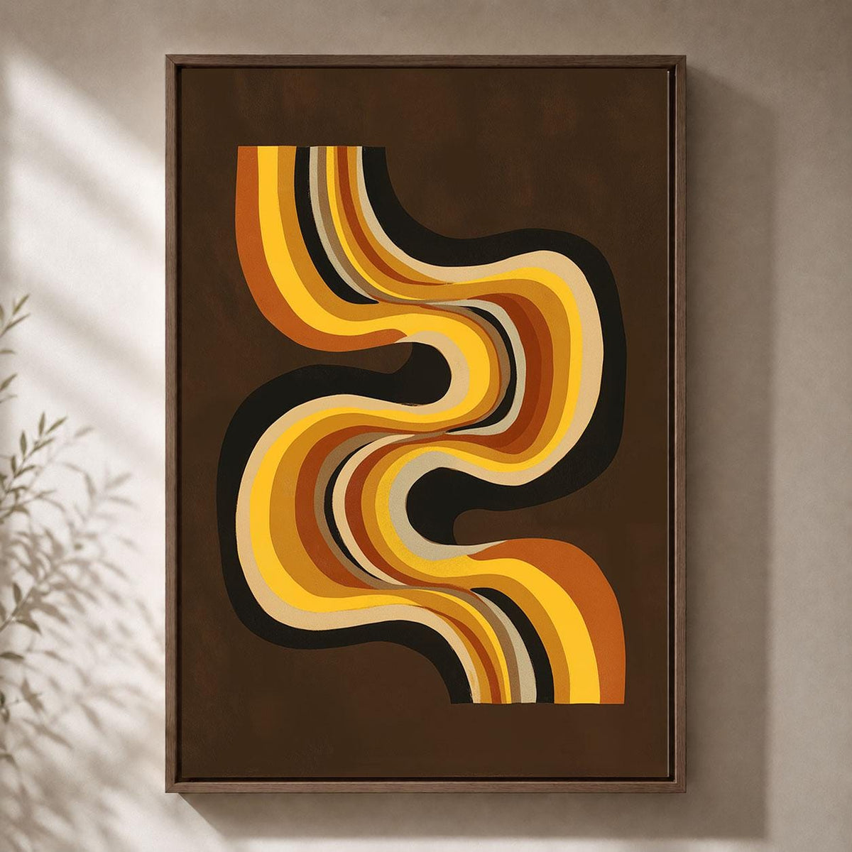 Retro Abstract Framed Canvas, Brown Orange Geometric Wall Art, Mid Century Modern Curved Line Artwork, 70s Home Decor