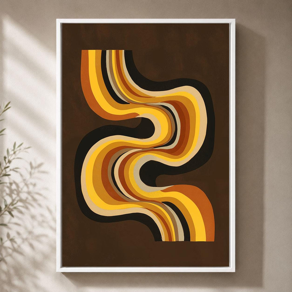 Retro Abstract Framed Canvas, Brown Orange Geometric Wall Art, Mid Century Modern Curved Line Artwork, 70s Home Decor