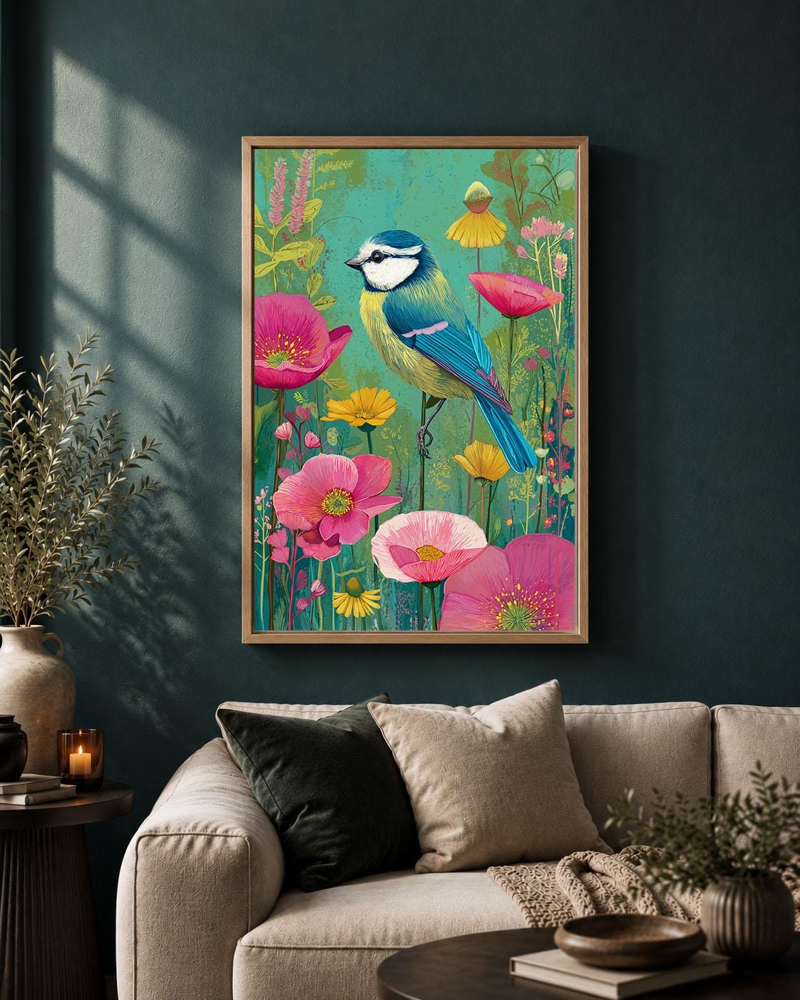 Blue Tit Framed Canvas, Colourful British Bird Wall Art, Floral Garden Wildlife Artwork, Pink Botanical Maximalist Decor