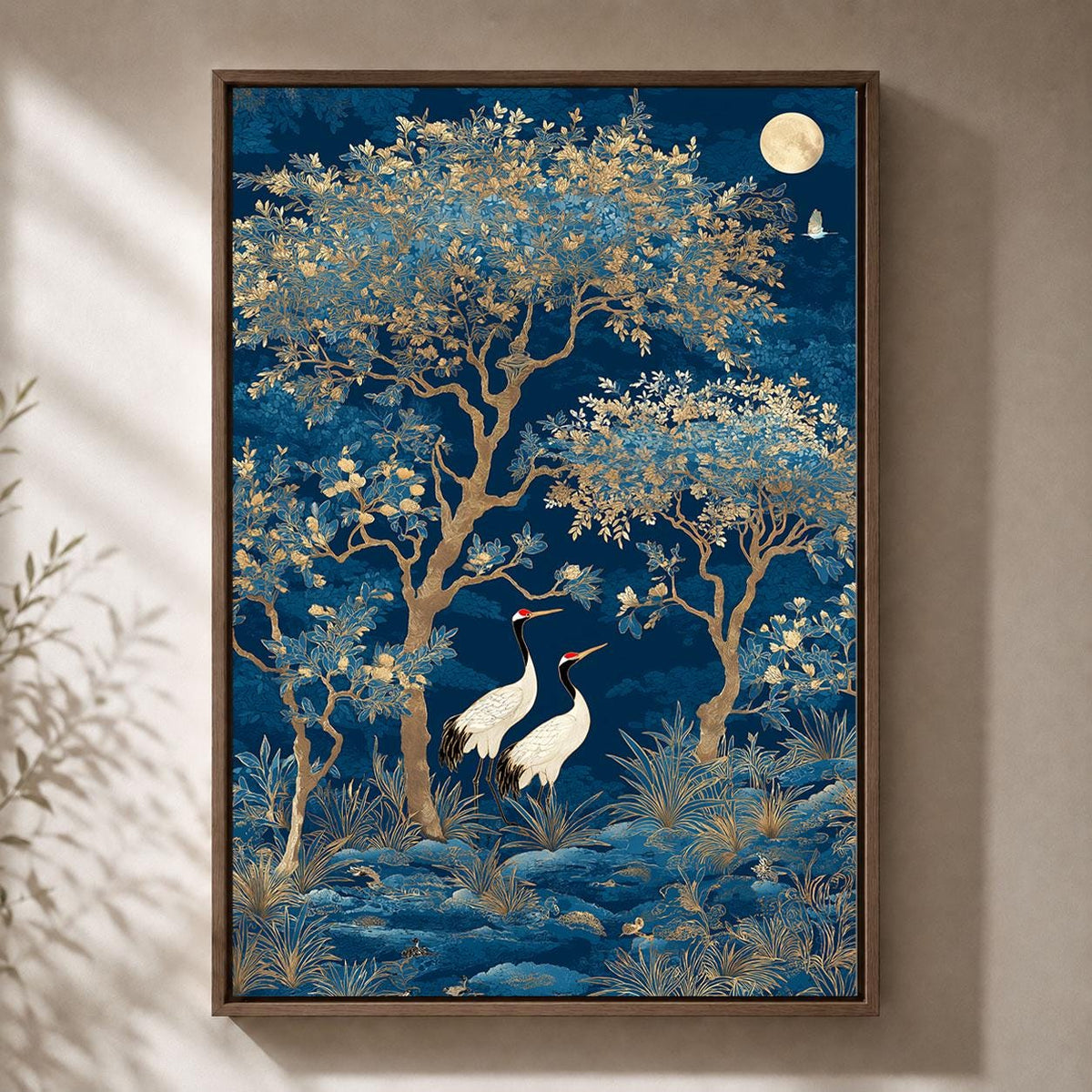 Blue Chinoiserie Crane Blossom Tree Framed Canvas Art, Asian Botanical Framed Decor