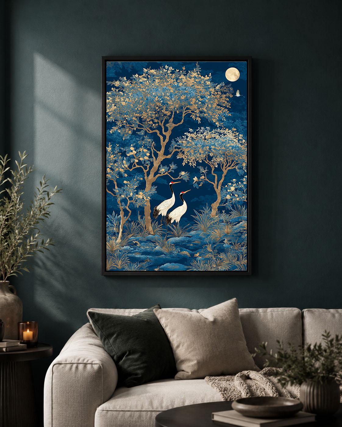 Blue Chinoiserie Crane Blossom Tree Framed Canvas Art, Asian Botanical Framed Decor