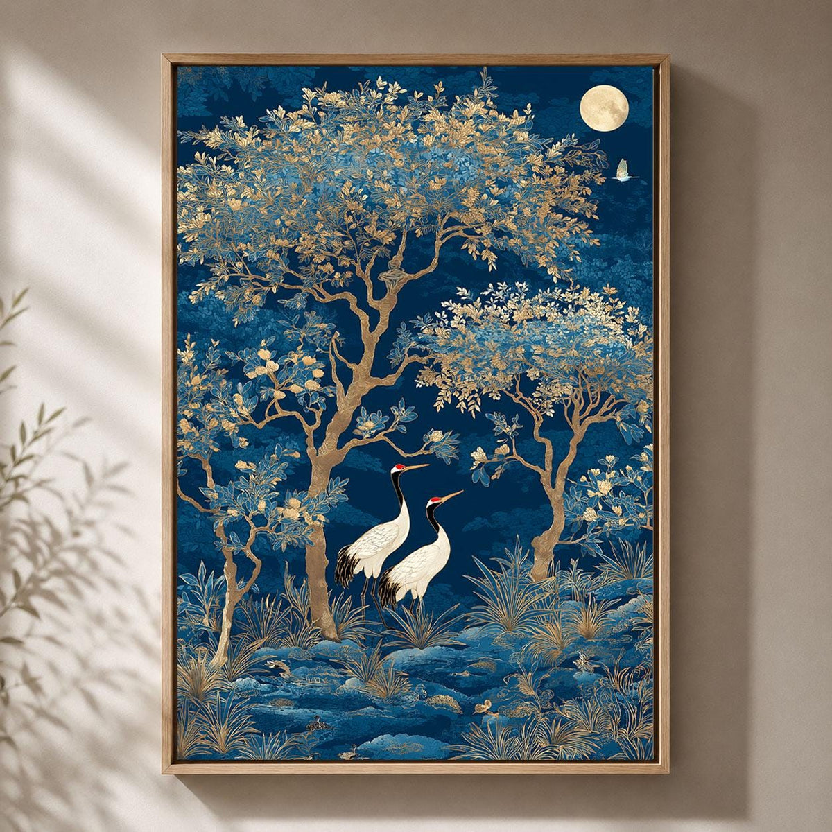 Blue Chinoiserie Crane Blossom Tree Framed Canvas Art, Asian Botanical Framed Decor