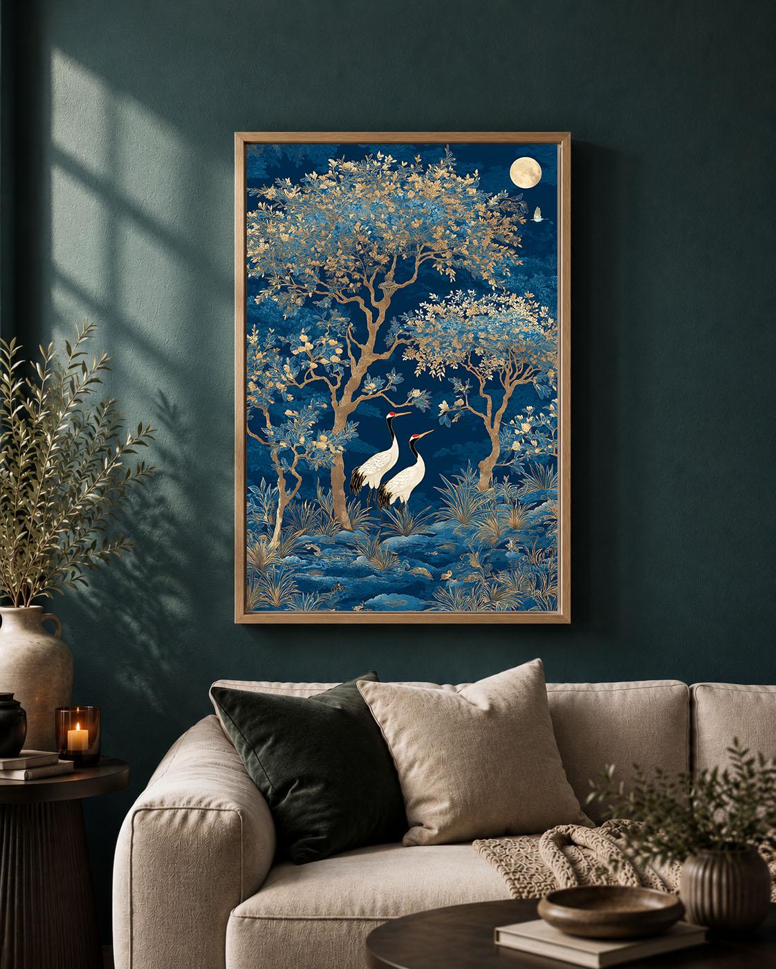 Blue Chinoiserie Crane Blossom Tree Framed Canvas Art, Asian Botanical Framed Decor
