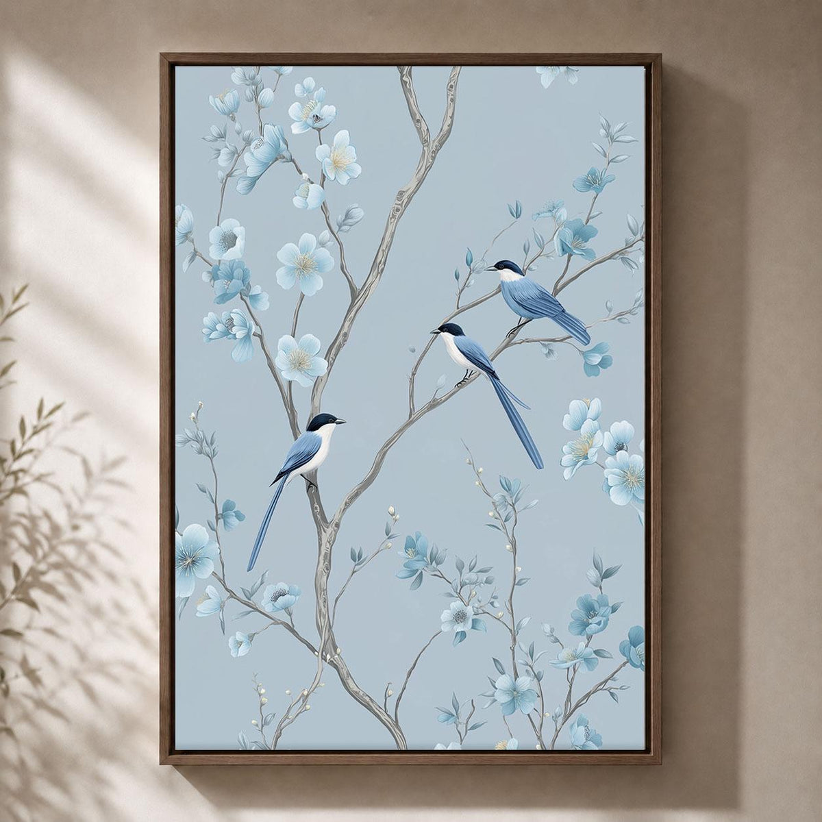 Blue Chinoiserie Framed Canvas, Floral Bird Wall Art, Elegant Blossom Botanical Artwork, Pale Blue Oriental Home Decor