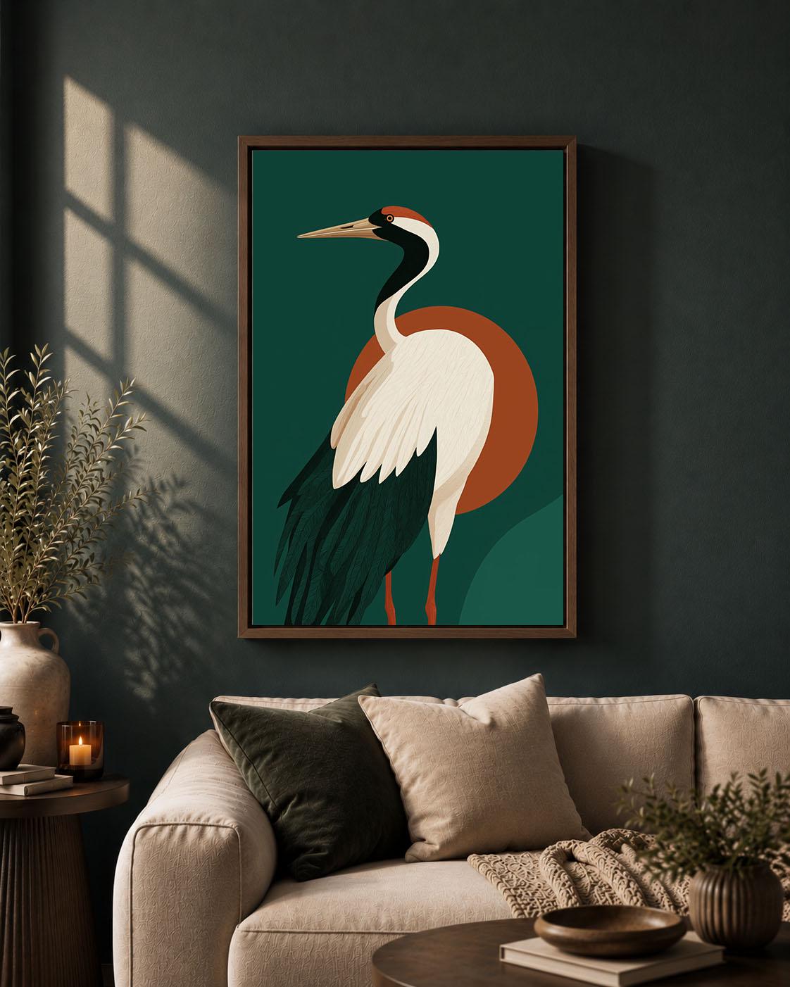 Crane Framed Canvas, Mid Century Modern Bird Wall Art, Green and Rust Wildlife Artwork, Retro Nature-Inspired Home Decor