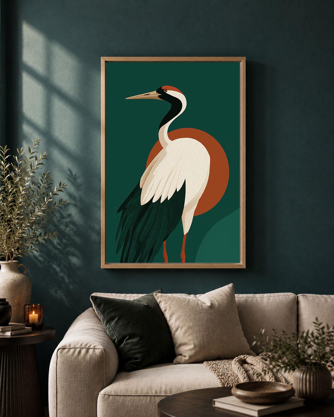 Crane Framed Canvas, Mid Century Modern Bird Wall Art, Green and Rust Wildlife Artwork, Retro Nature-Inspired Home Decor