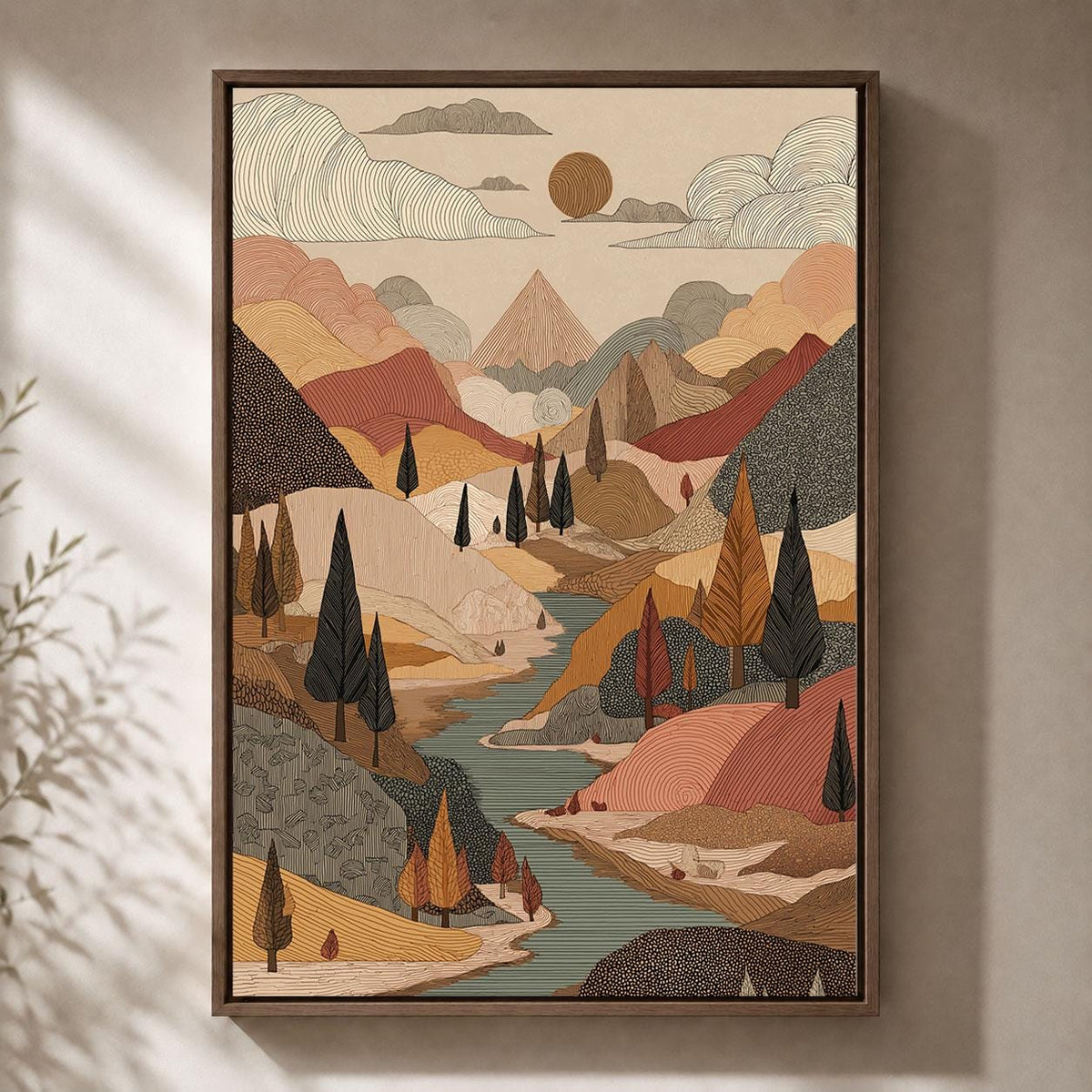 Folk Art Framed Canvas, Mountain Landscape Wall Art, Autumn River and Forest Artwork, Earthy Bohemian Nature Home Decor