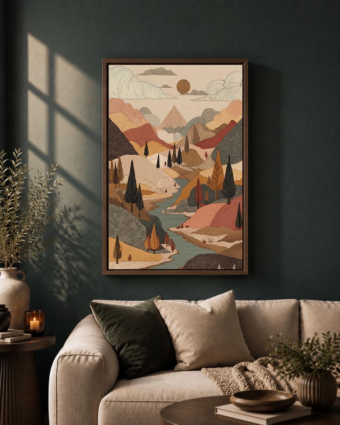 Folk Art Framed Canvas, Mountain Landscape Wall Art, Autumn River and Forest Artwork, Earthy Bohemian Nature Home Decor