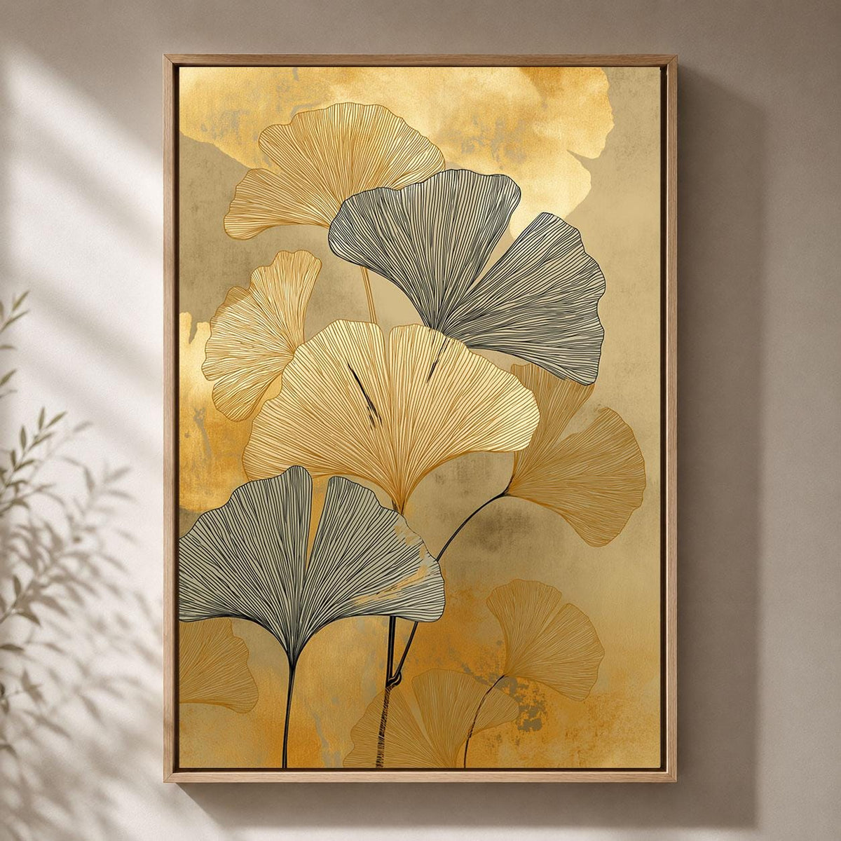 Gold Ginkgo Framed Canvas, Elegant Botanical Wall Art, Black and Gold Leaf Artwork, Art Deco Inspired Luxury Home Decor