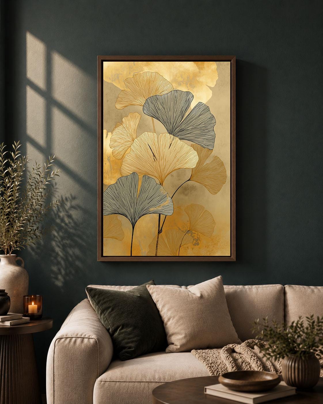 Gold Ginkgo Framed Canvas, Elegant Botanical Wall Art, Black and Gold Leaf Artwork, Art Deco Inspired Luxury Home Decor
