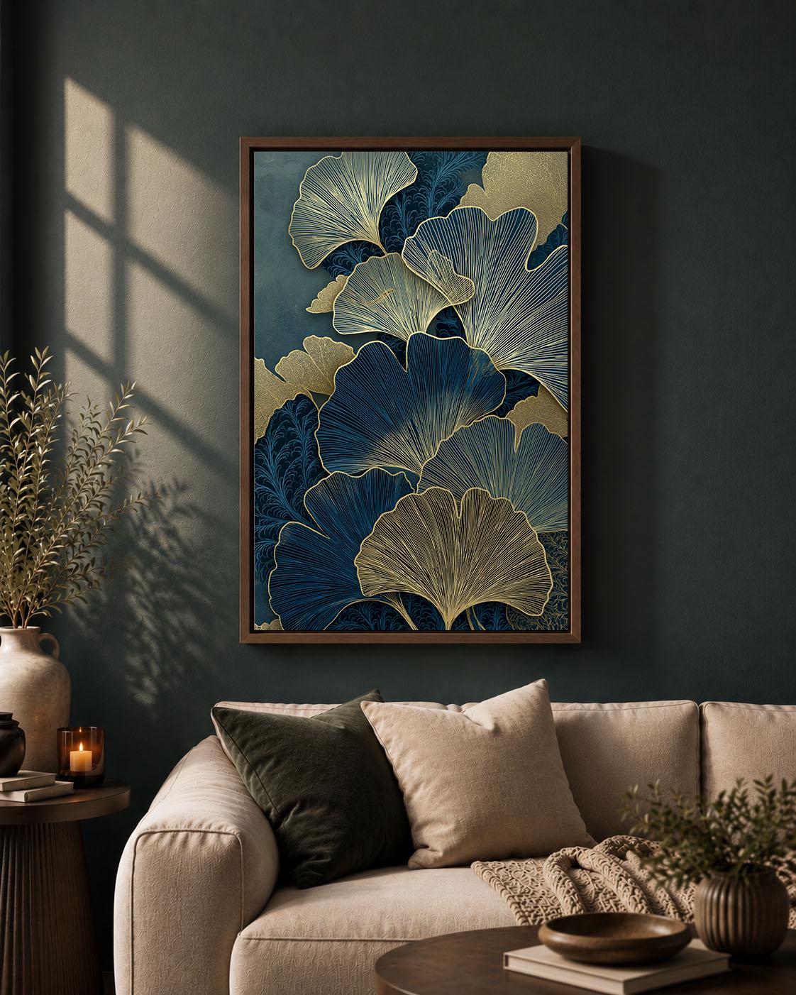 Blue and Gold Ginkgo Elegant Botanical Art Deco Leaf Framed Canvas