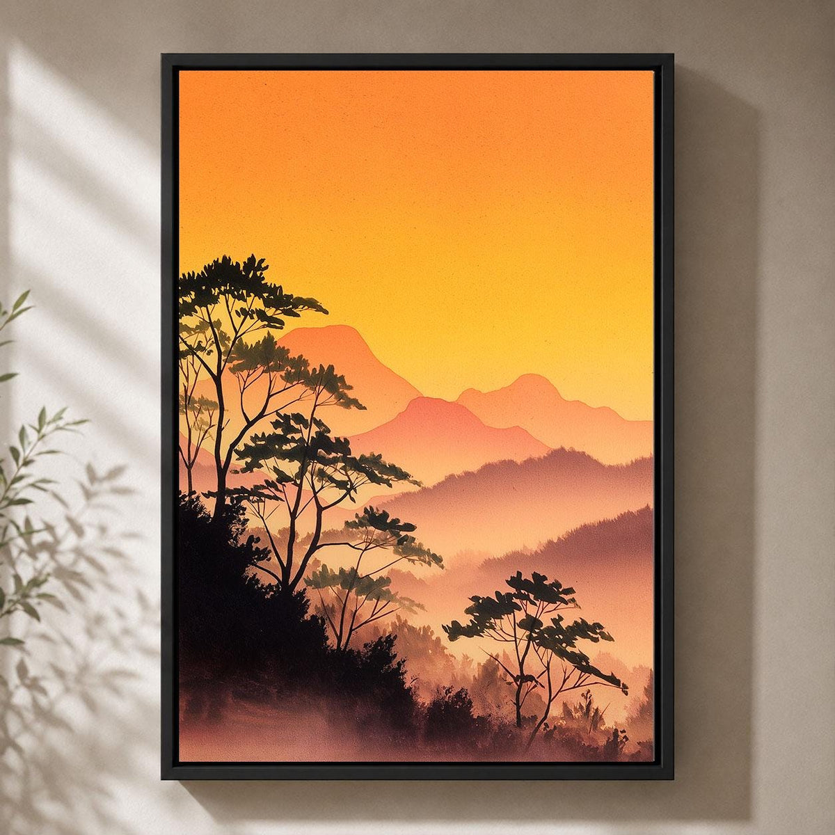 Japanese Landscape Orange Sunset Mountain Misty Forest Framed Canvas