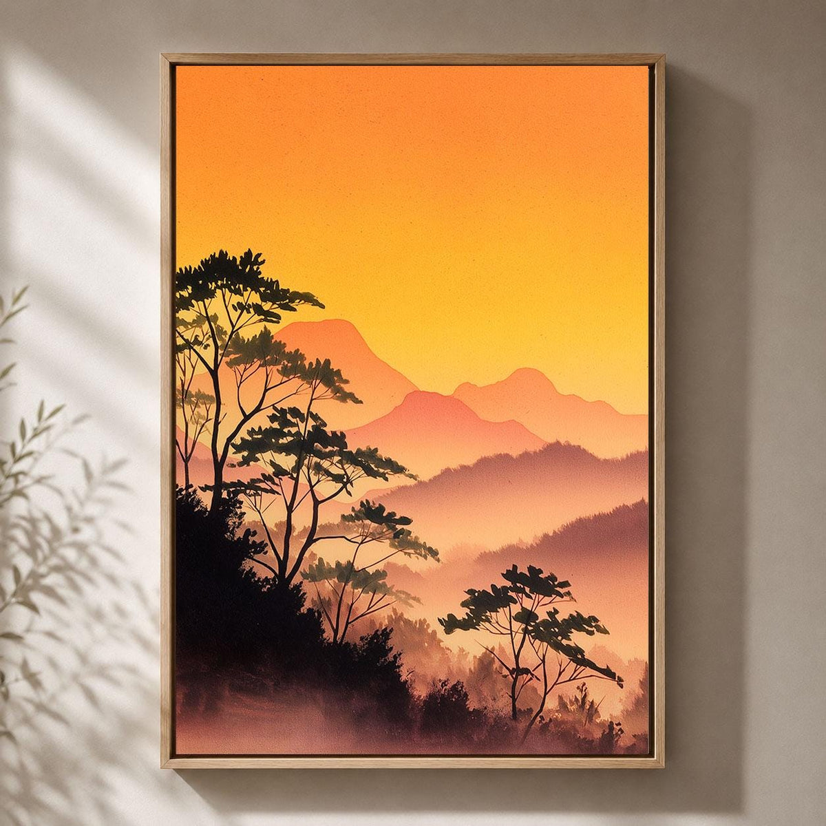 Japanese Landscape Orange Sunset Mountain Misty Forest Framed Canvas