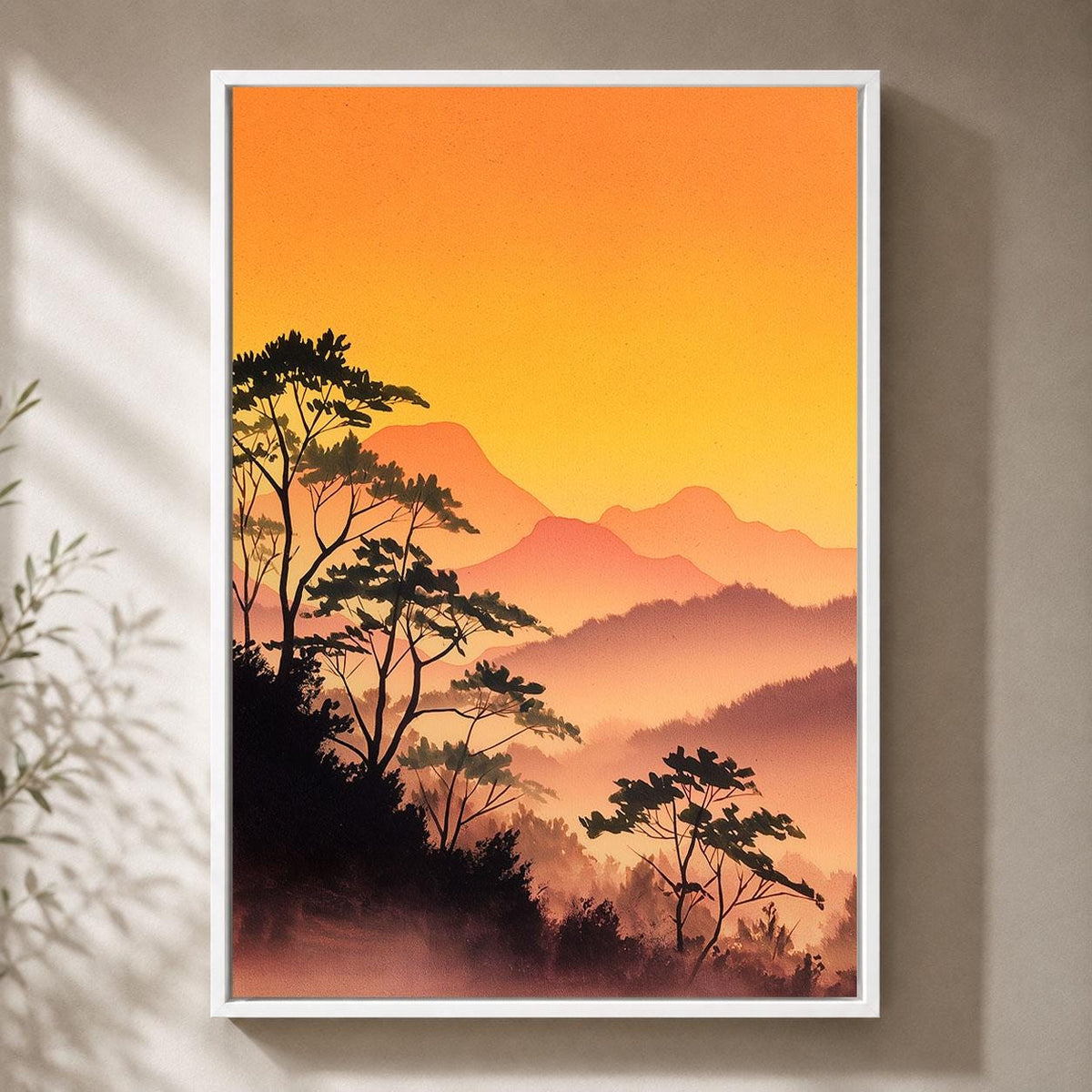 Japanese Landscape Orange Sunset Mountain Misty Forest Framed Canvas