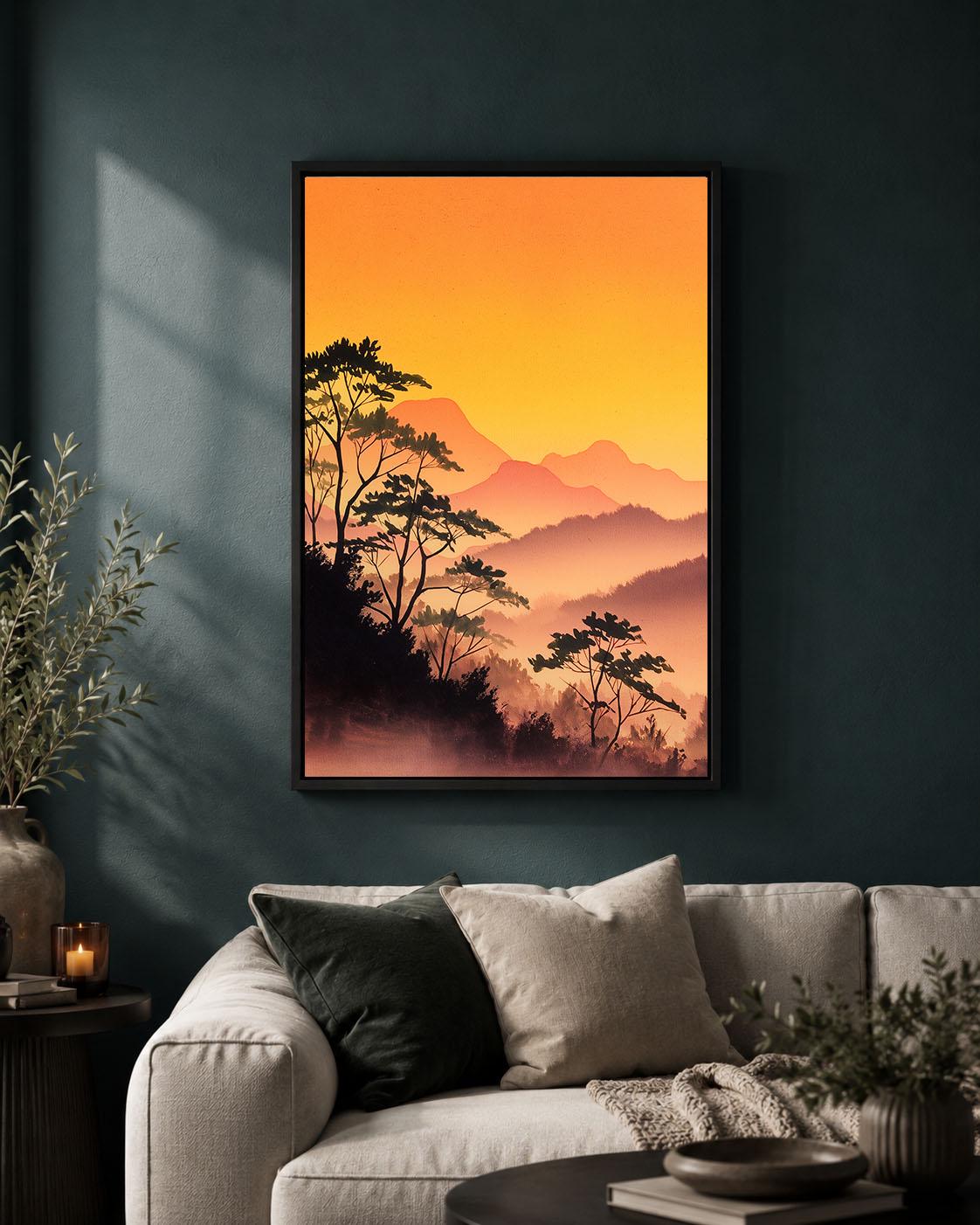 Japanese Landscape Orange Sunset Mountain Misty Forest Framed Canvas