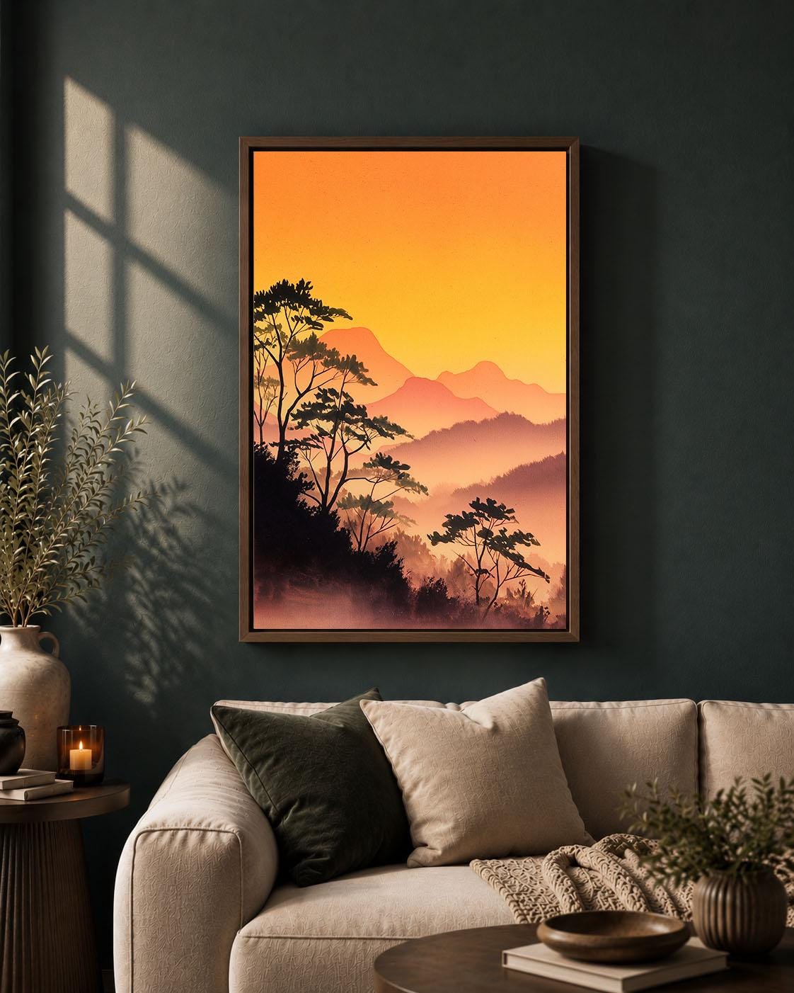 Japanese Landscape Orange Sunset Mountain Misty Forest Framed Canvas