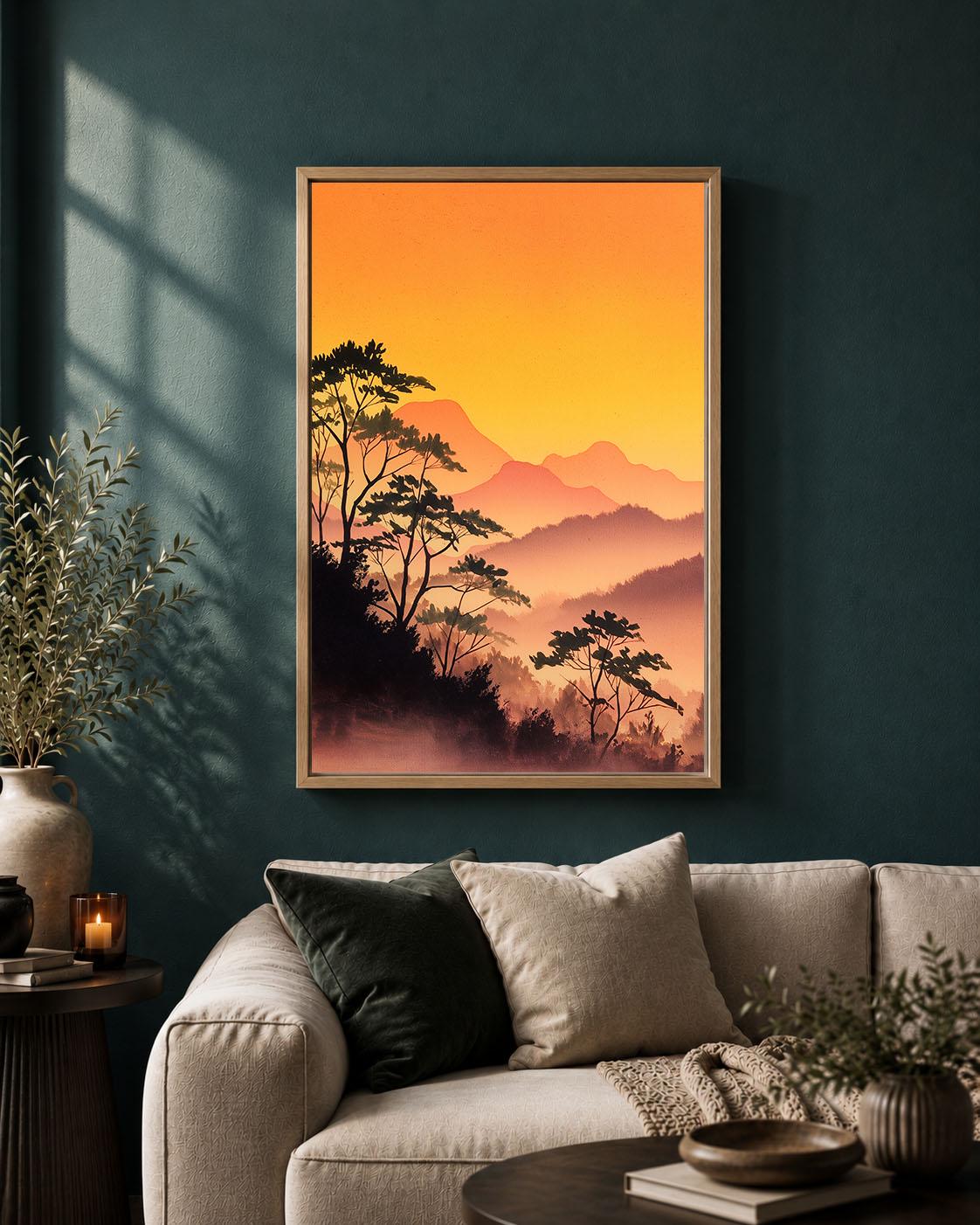 Japanese Landscape Orange Sunset Mountain Misty Forest Framed Canvas