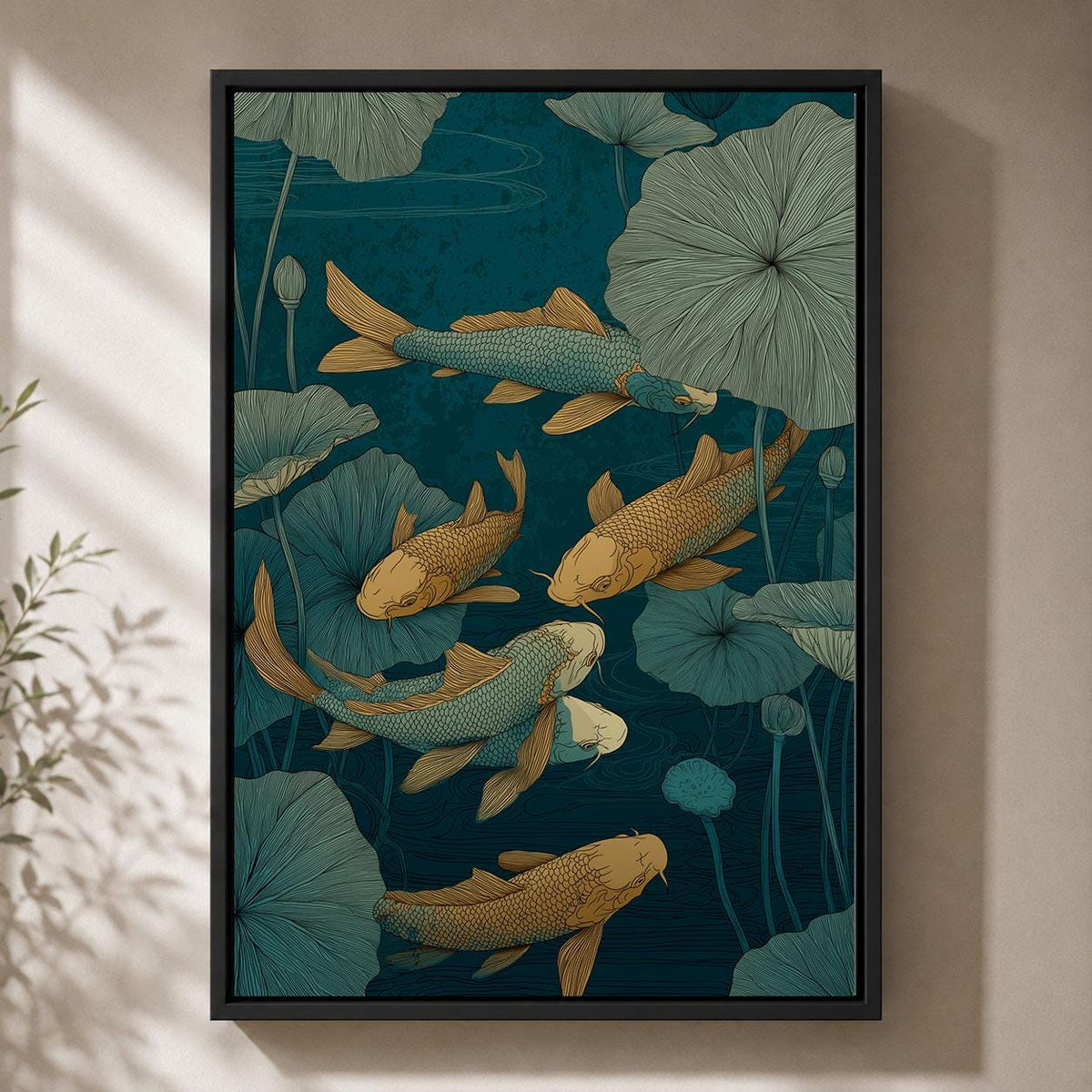 Koi Fish Japanese Pond Blue and Gold Lotus Oriental Framed Canvas