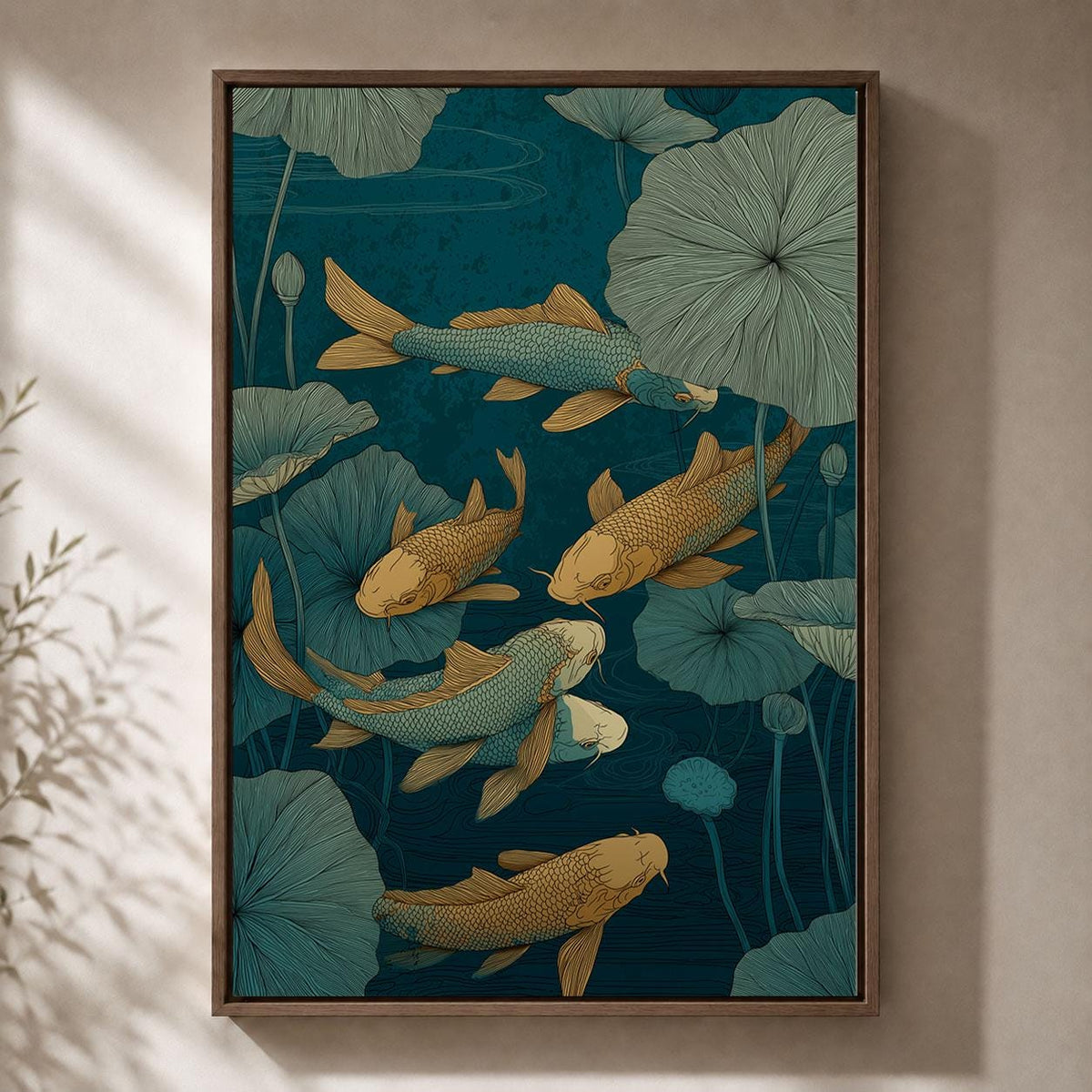 Koi Fish Japanese Pond Blue and Gold Lotus Oriental Framed Canvas
