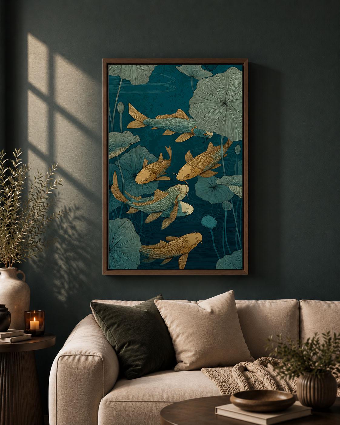 Koi Fish Japanese Pond Blue and Gold Lotus Oriental Framed Canvas