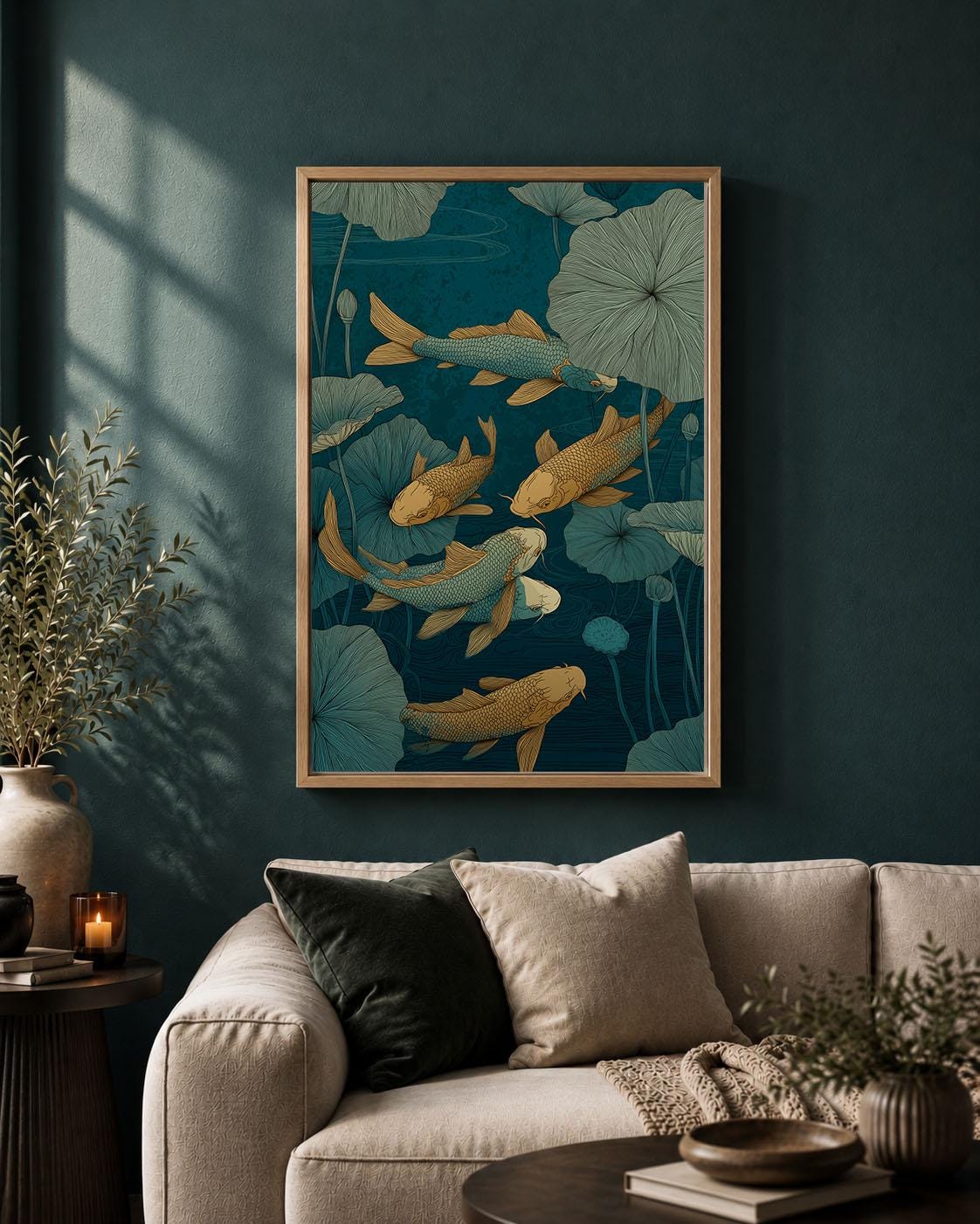 Koi Fish Japanese Pond Blue and Gold Lotus Oriental Framed Canvas